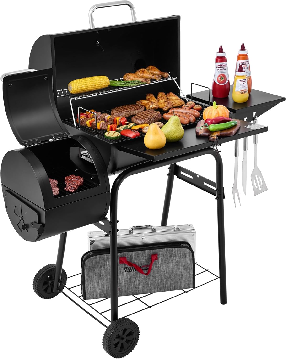 Barrel Charcoal Grill with Offset Smoker, Side Shelf with Hooks, Mesh Bottom Shelf, Blow-Molded Wheels, Outdoor Grilling and Backyard Cooking, CC1624S, Black