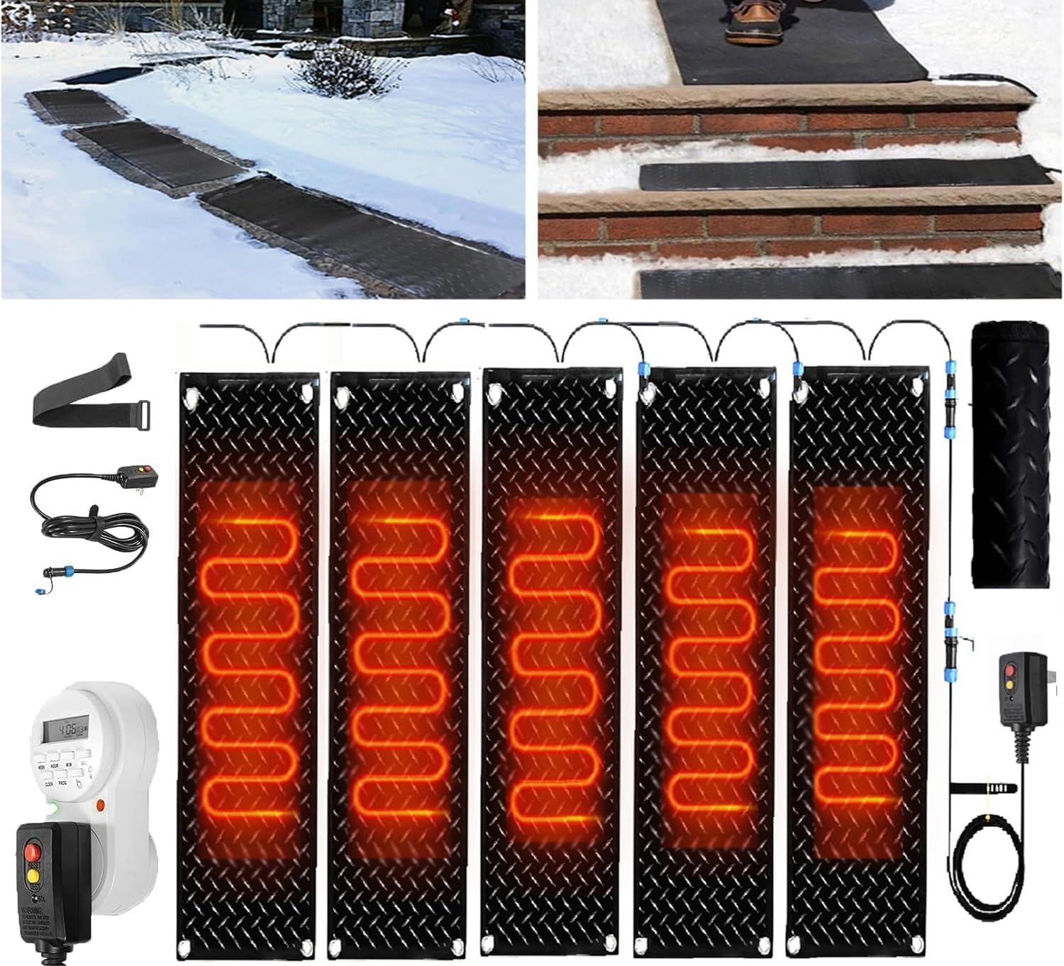 Snow melt pad for Winter Snow Removal, Inlet Heating Snow melt pad. Outdoor Heated Snow melt mat 10inx30/35.4/48in Non-Slip Heated Entrance mat(5Pcs,10x48in/(25.4x120cm))