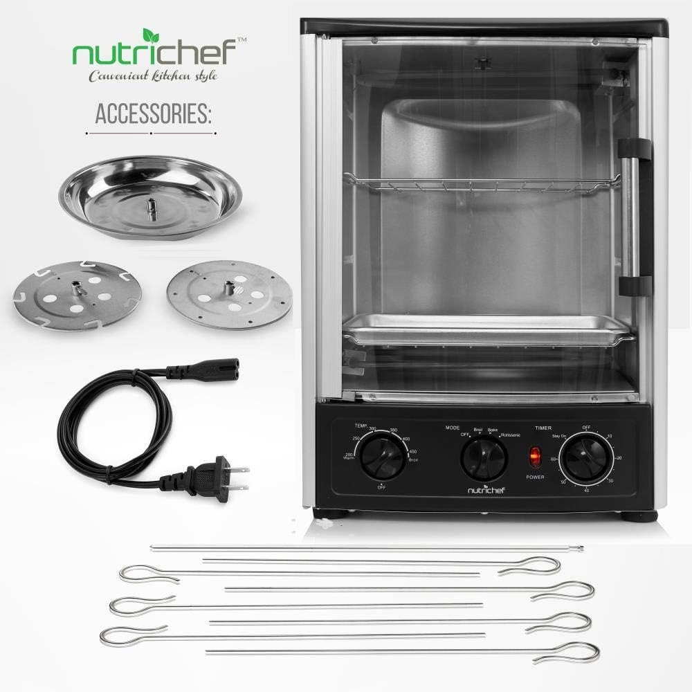 NutriChef Multi-Function Rotisserie Countertop Oven | 24 Quart Vertical Glass Door Convection Oven, for Rotisserie Roasting & Broiling | Timer & Temperature Control | 13.4 x 12.2 x 18.9