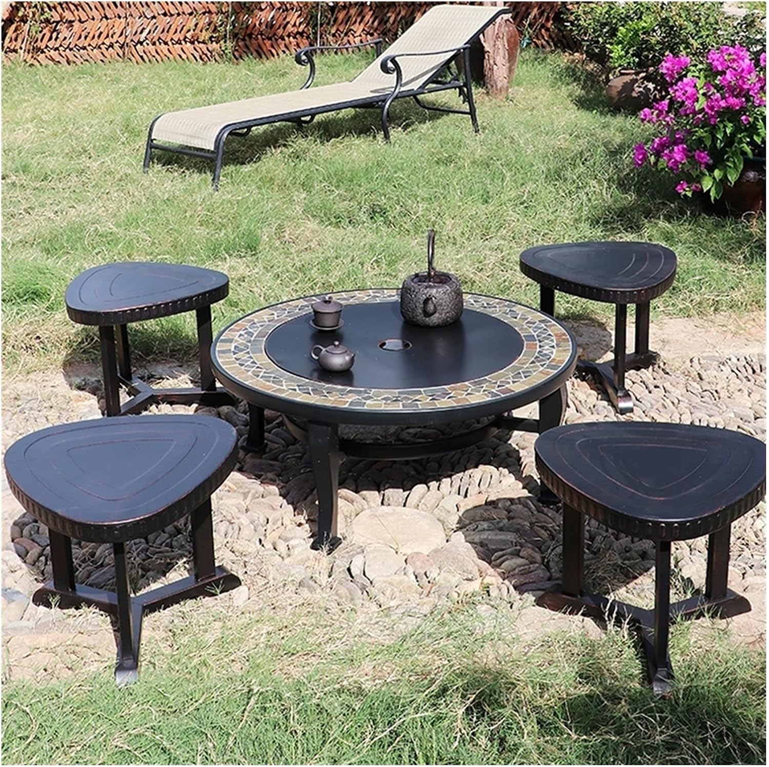 Outdoor Fire Pit Outdoor Large Wood Burning Fire Pit, Garden Party BBQ Camping Picnic Cooking Fire Pit Barbecue Grill with 4 Stools