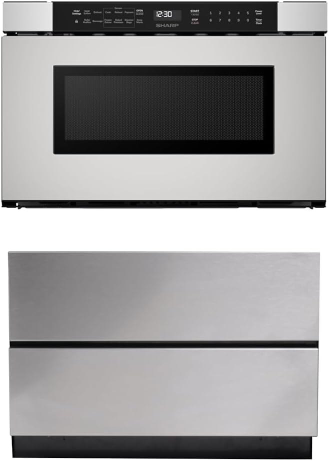 Sharp SMD2440JS Microwave Drawer Oven, 24-inch, 1.2 Cubic Feet, 950 Watt, Angled Touch Control Panel, Stainless Steel with Pedestal