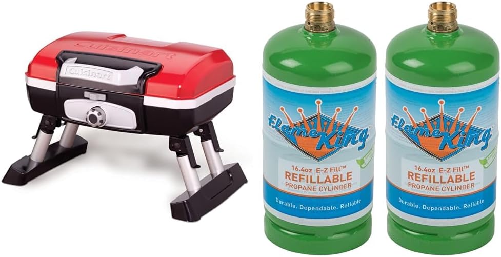 Cuisinart CGG-180T Petit Gourmet Portable Tabletop Propane Gas Grill, Red 17.6 x 18.6 x 11.8-Inch & Flame King Refillable 1LB Empty Propane Cylinder Tank - Reusable - Safe and Legal Refill Option