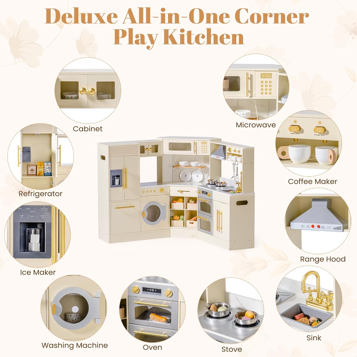 ROBOTIME Kids Kitchen Playset, Corner Wooden Play Kitchen with Fridge, Oven, Sink, Microwave & Washer, Realistic Lights & Sounds, Toddler Wooden Kitchen Toy Gift for Boys & Girls Ages 3+