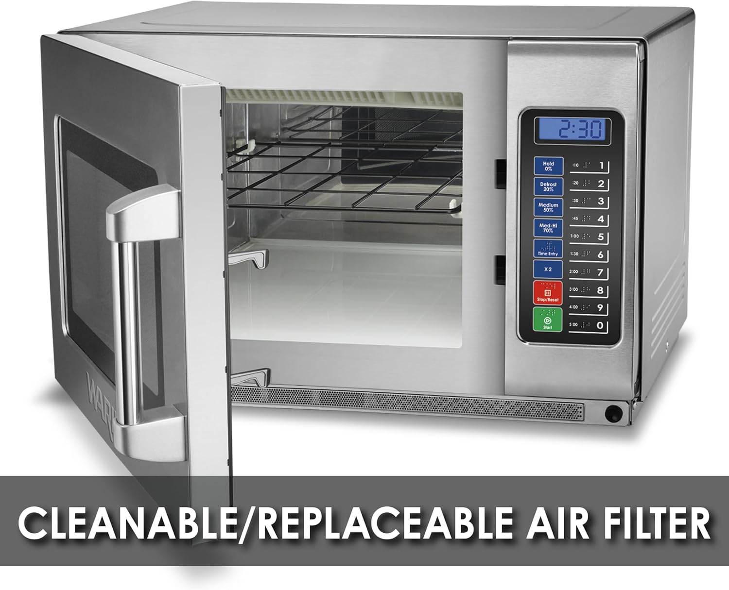 Waring Commercial WMO120 Heavy Duty Microwave Oven, 1.2 Cubic Feet, 10 Programmable Memory Settings, 5 Power Levels, Stainless Steel Construction, 208/230V, 1800W Dual Magnetrons, 6-15 Phase Plug