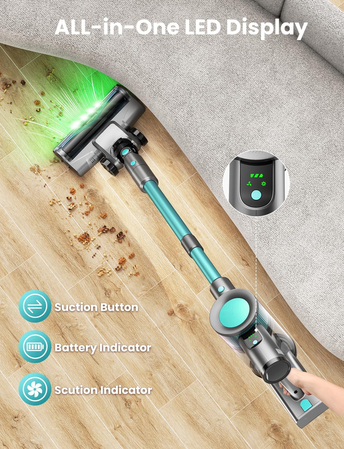 Dzaki Cordless Vacuum Cleaner, Stick Vacuum with Smart LED Display, 50KPA 55Mins Vacuum Cleaners for Home, Powerful Suction, Anti-Tangled Lightweight Rechargeable Vac for Pet Hair, Carpet