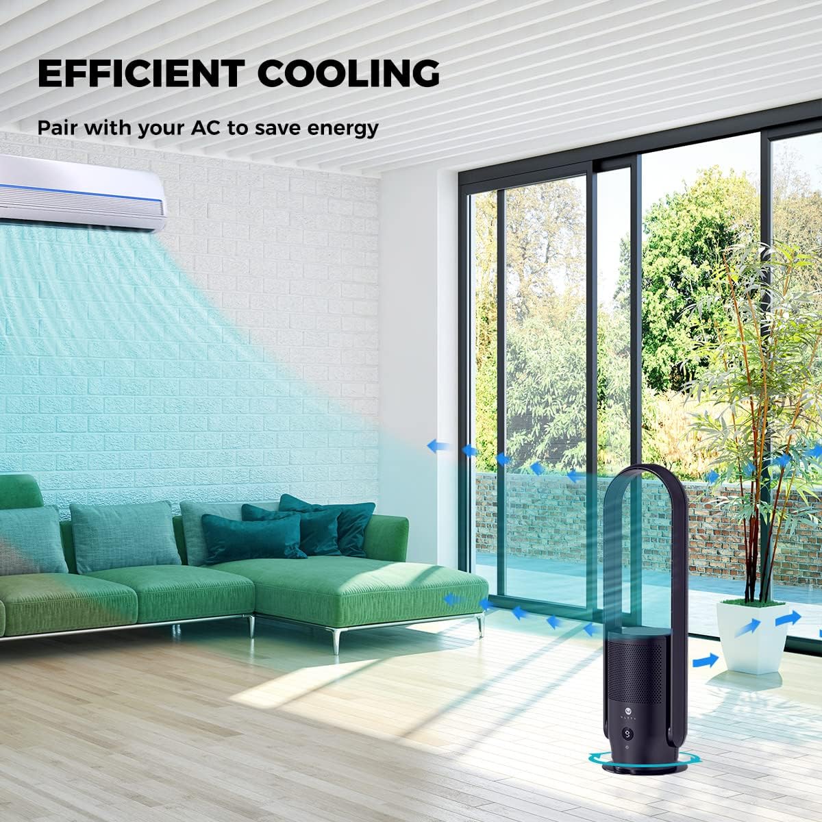 U ULTTY Bladeless Tower Fan and Air Purifier in one, True HEPA Filter 99.97% Smoke Dust Pollen Dander, Oscillating Tower Fan with Remote Control CR022D, Black