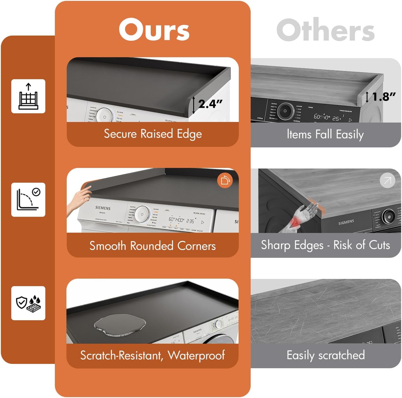 Premium Washer Dryer Countertop with Anti-Slip Pad, 54inch Laundry Room Organization Set, Stackable Storage Solution with Silicone Ironing Mat, Diatomite Mat(Black)