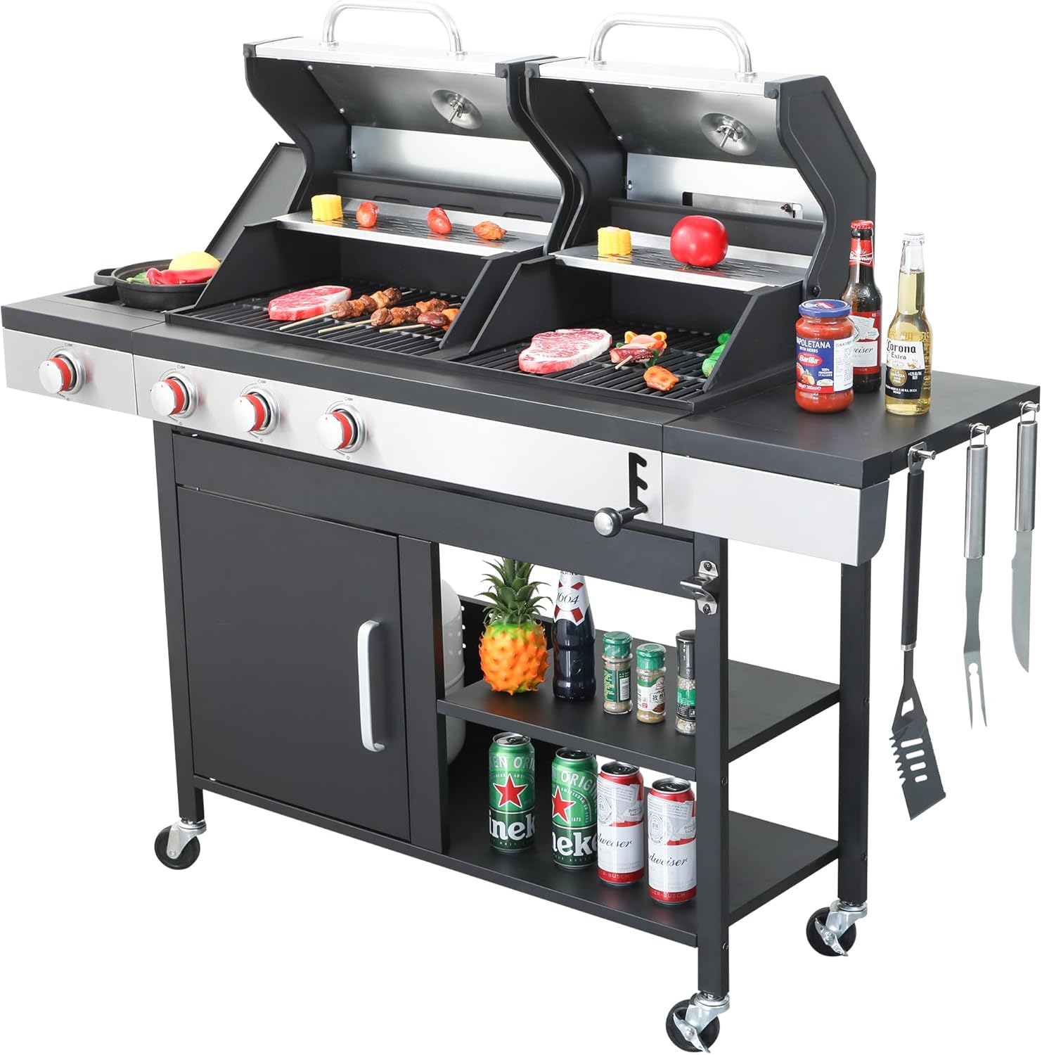 3-Burner Propane Gas BBQ Grill and Charcoal Grill Combo with Enameled Cast Iron Cooking Grids & Side Burner, 37,230BTU Output Stainless Steel Dual Fuel Grill for Outdoor Camping Barbecue