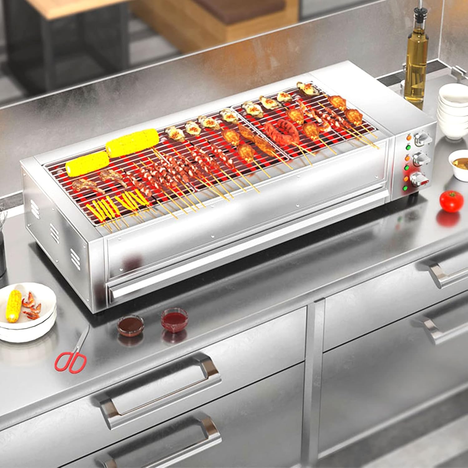 Smokeless Tabletop Grill, 9000 W Electric Grill with Drip Tray for Indoor and Outdoor Use, Kebab Sausage Grill with Adjustable Temperature