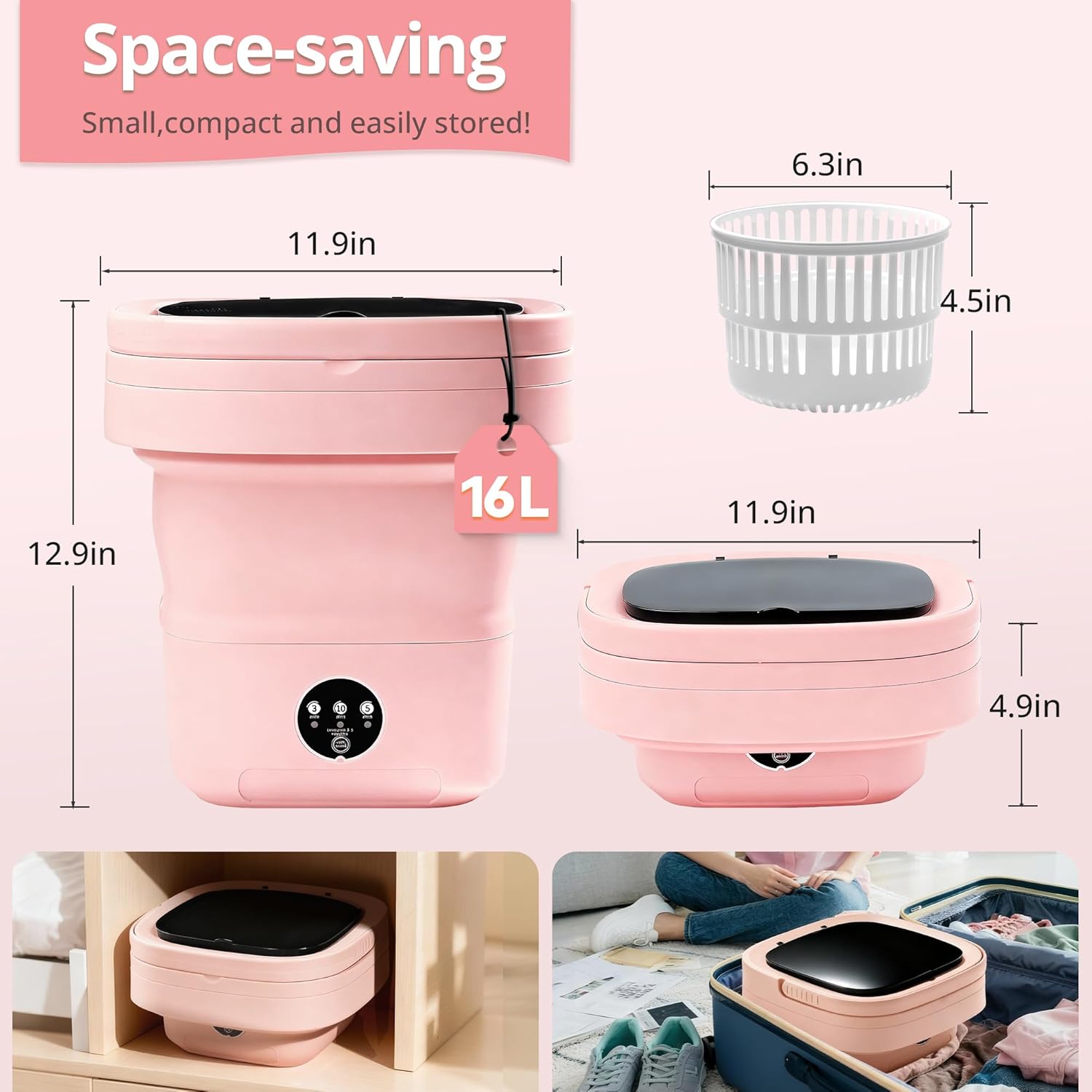 Pink Portable Washing Machine, Mini Washer, 16L Upgraded with Spin Basket, Foldable Design Ideal for Apartment, portable washer 3 Cleaning Modes Suitable for Small Clothes