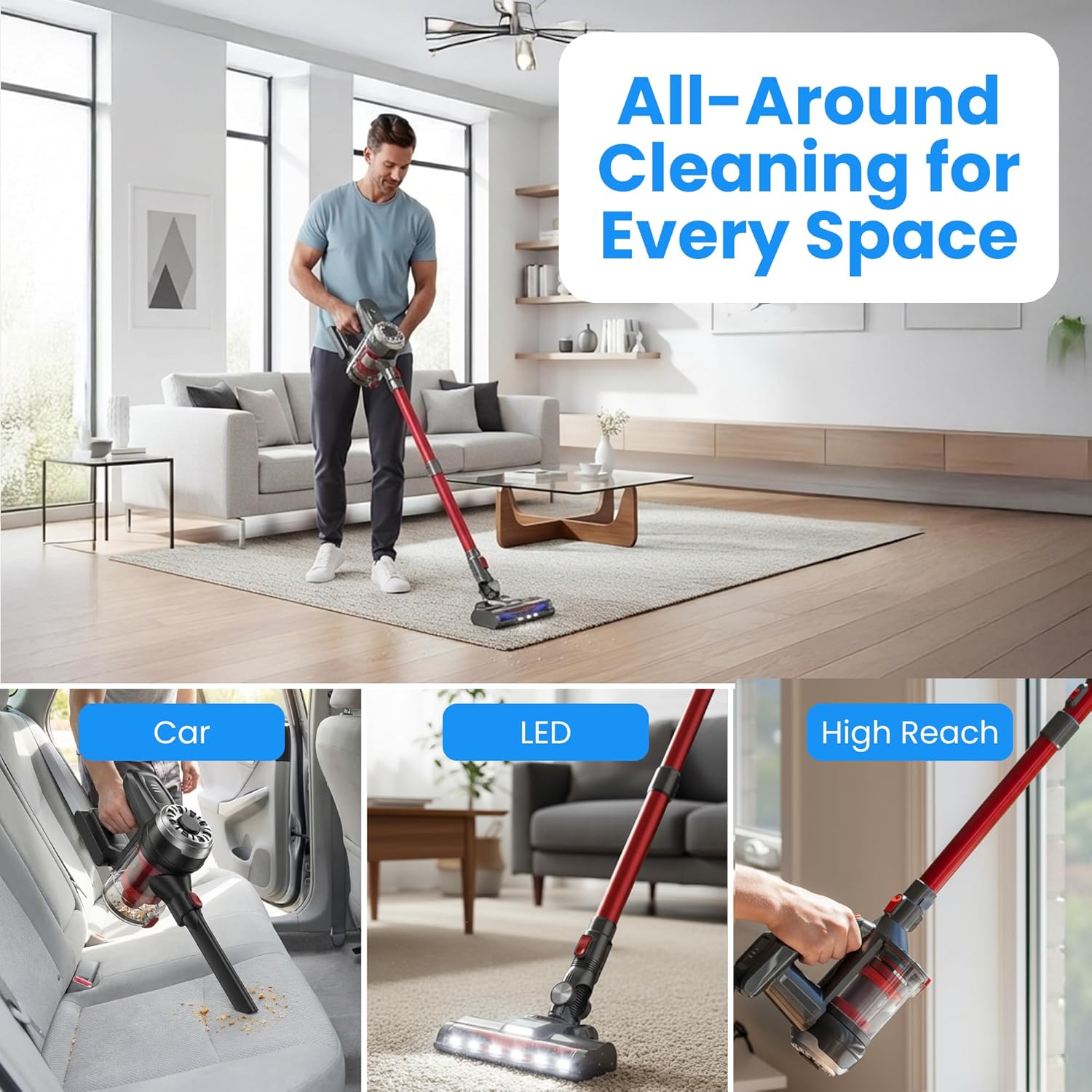 Cordless Stick Vacuum, Red, 45 Min Runtime, LED Headlights, 2-Speed, Telescopic Tube with Main Vacuum Brush, Crevice Tool, dust Brush, Removable-Rechargeable Battery Pack with Charging Cord