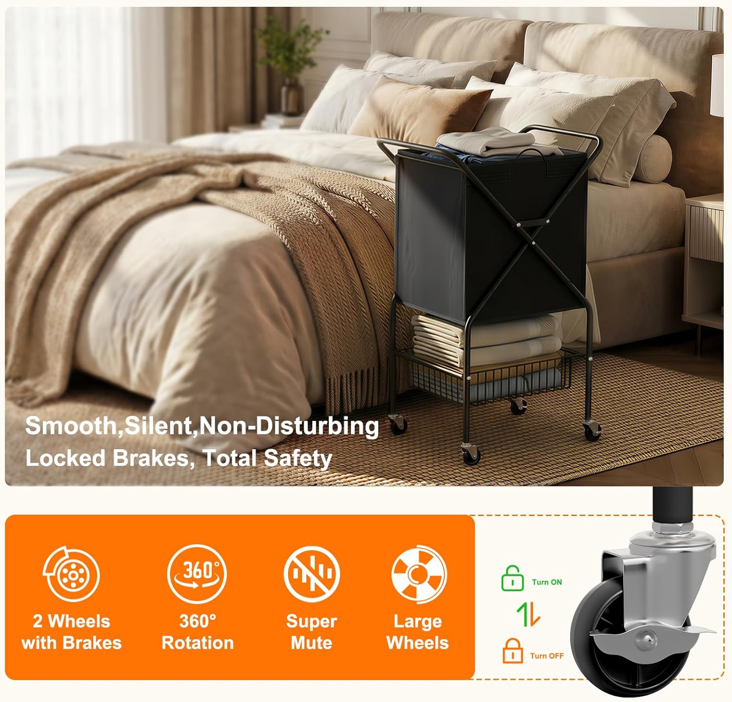 Laundry Basket with Wheels:88L Rolling Laundry Cart Foldable Metal Frame Dirty Clothes Laundry Hamper 36