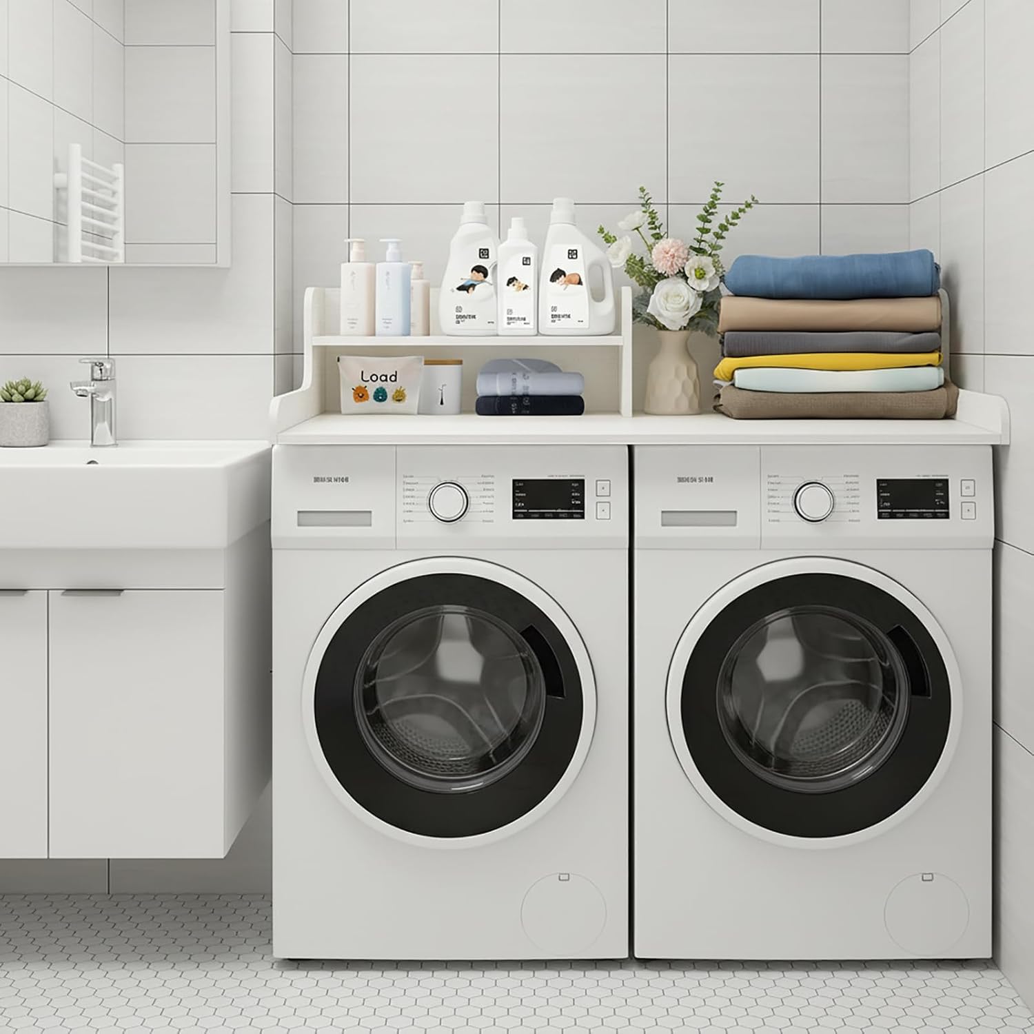 MINGRUIYUWasher Dryer Countertop Shelf – Extra-Wide 2-Tier Laundry Organizer, Over-Washer Storage Topper with Protective Edge Dark Gray Natural Wood 58