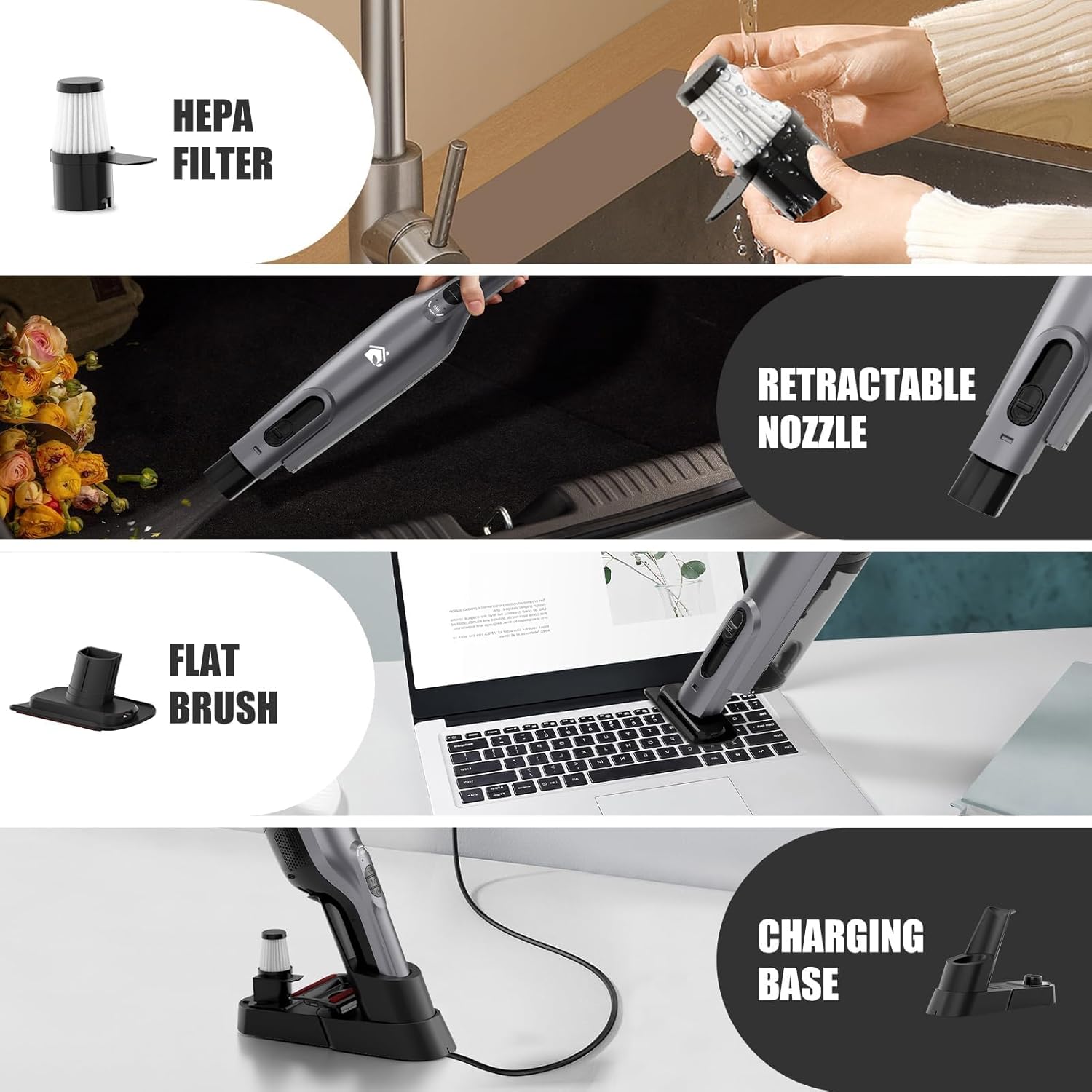 Cordless Handheld Vacuum, Lightweight Portable Hand Vacuum Cleaner with LED Light,Rechargeable Hand Held Vacuum with One-Touch Empty, Powerful Suction for Office, Home,Car,Gray