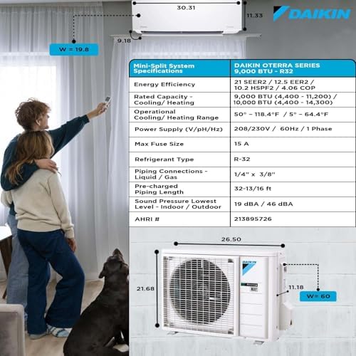 Daikin 9000 BTU 21 SEER2 Oterra R32 Series Ductless Mini-Split Air Conditioner with Installation Kit and Wall Bracket- 230V