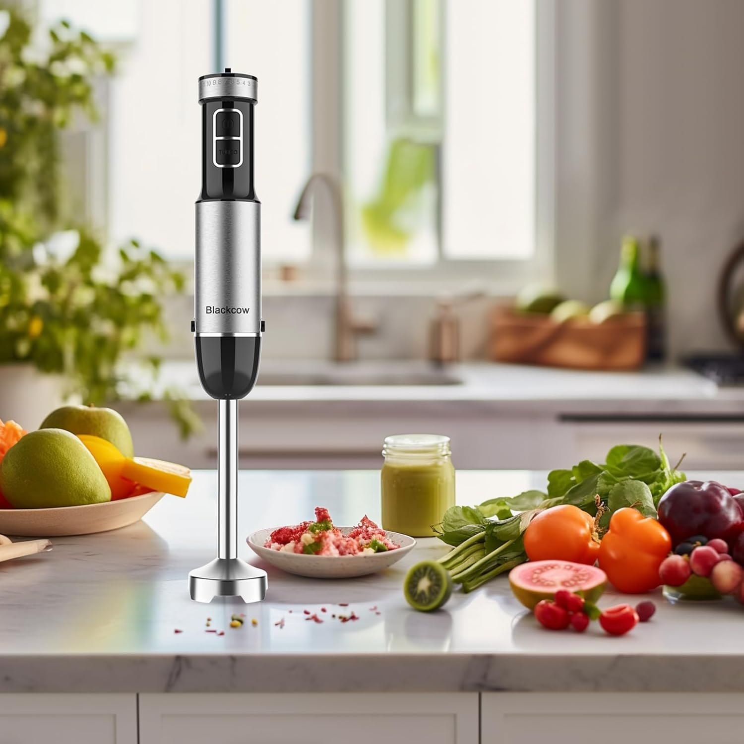 Blackcow Immersion Blender Handheld, 800W Powerful Electric Hand Blender with Titanium Alloy Blades, 12 Speeds & Turbo, Electric Hand Mixer for Smoothies, Soups, Baby Food and Purees
