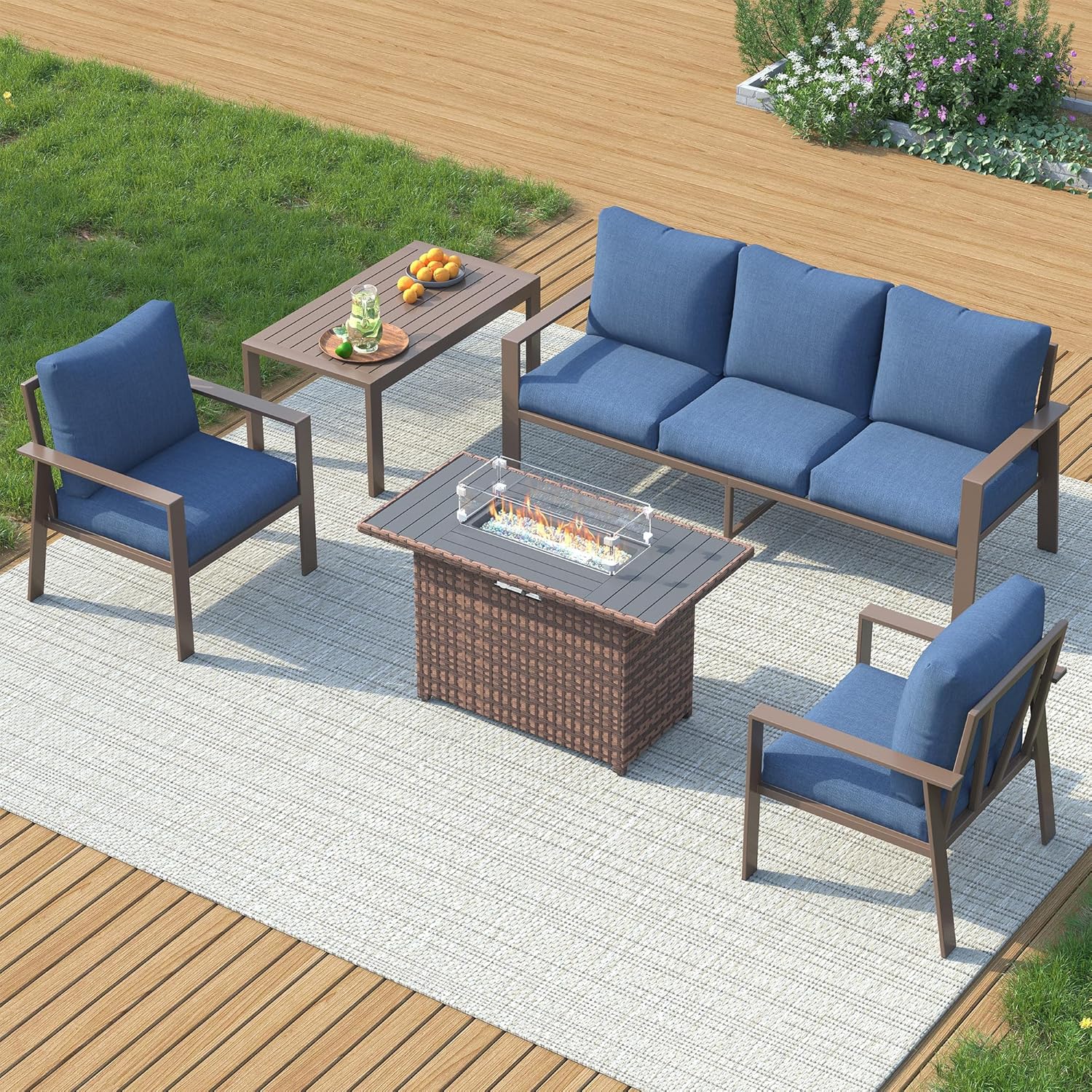 UDPATIO Patio Furniture Set with Fire Pit Table, 5-Seat Outdoor Aluminum Conversation Set, Modern Patio Sectional Furniture for Porch, Deck, Backyard, Navy
