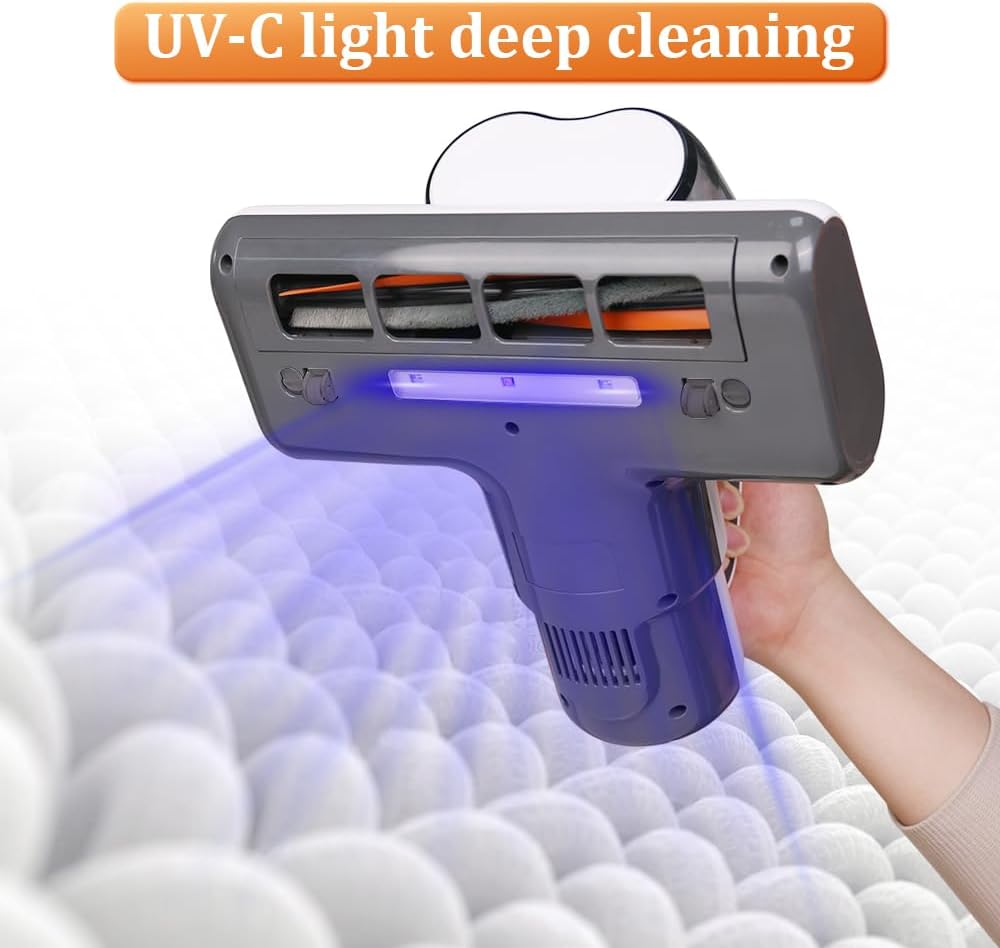 Laymi Mattress Vacuum Cleaner with UV-C Light, 450W Powerful Handheld Bed Vacuum with High Beating Roller Brush, True HEPA Filter, XL Dual Larger Dust Cup for Deep Cleaning of Dust & Pet Hair