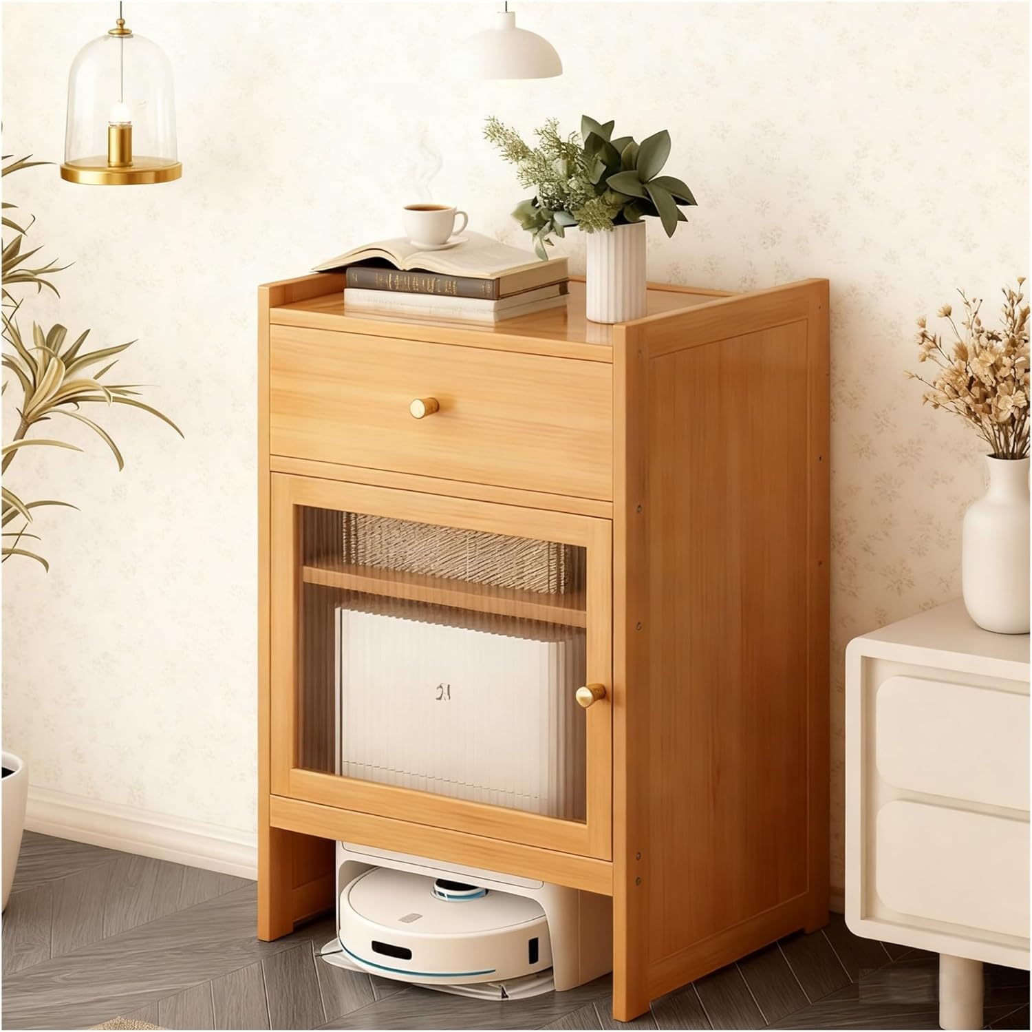 Vacuum Cabinet Robot Vacuum Storage Side Table End Table Robot Nightstand for Living Room, Home, Office, Entrance, Save Space(Natural)