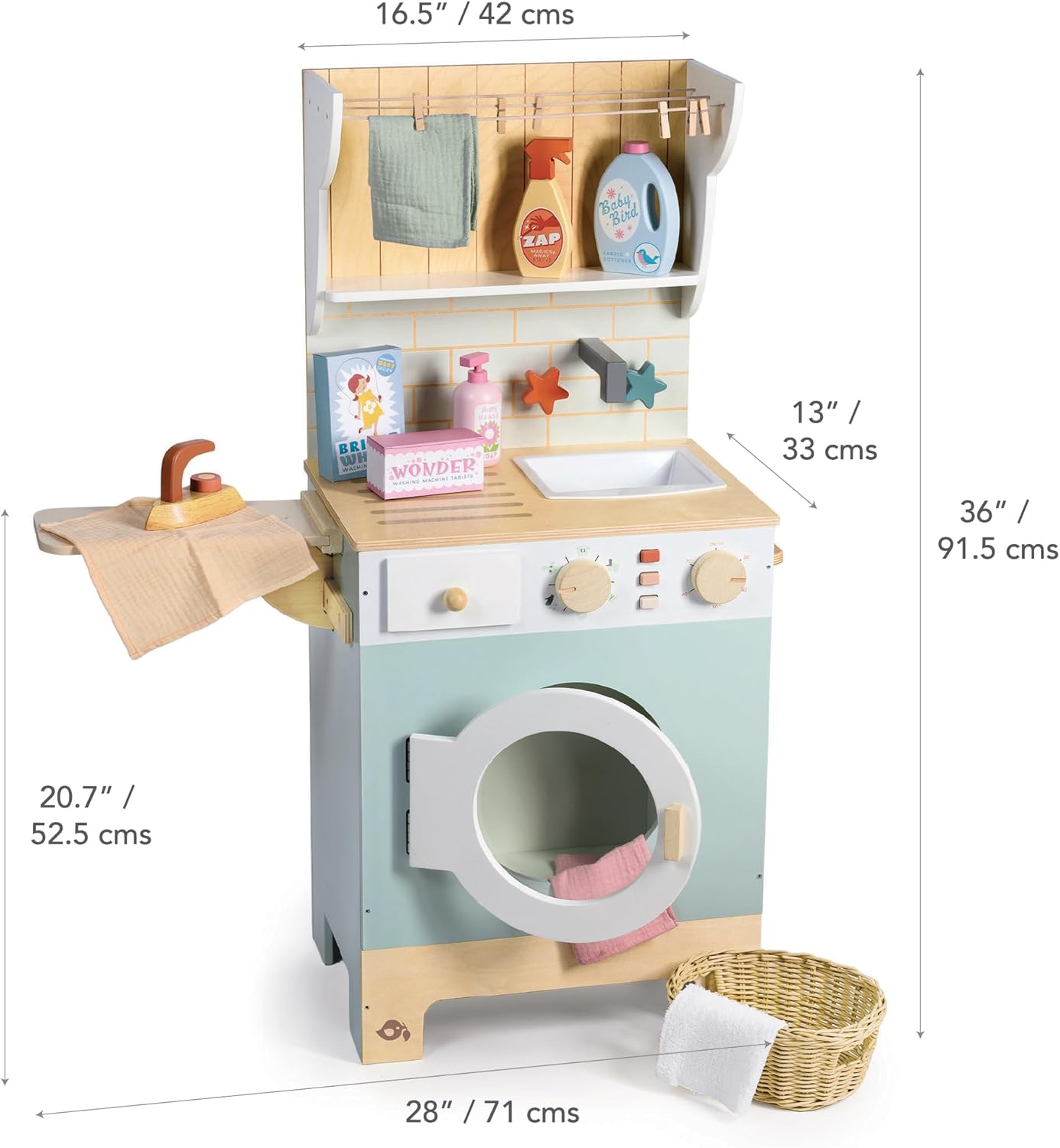 Tender Leaf Toys - Tender Leaf Laundrette - Wooden Laundry Play Set for Kids - Includes Washer/Dryer, Ironing Board, Basket, Pegs, and Accessories - Encourages Imaginative Role-Play - Age 3+