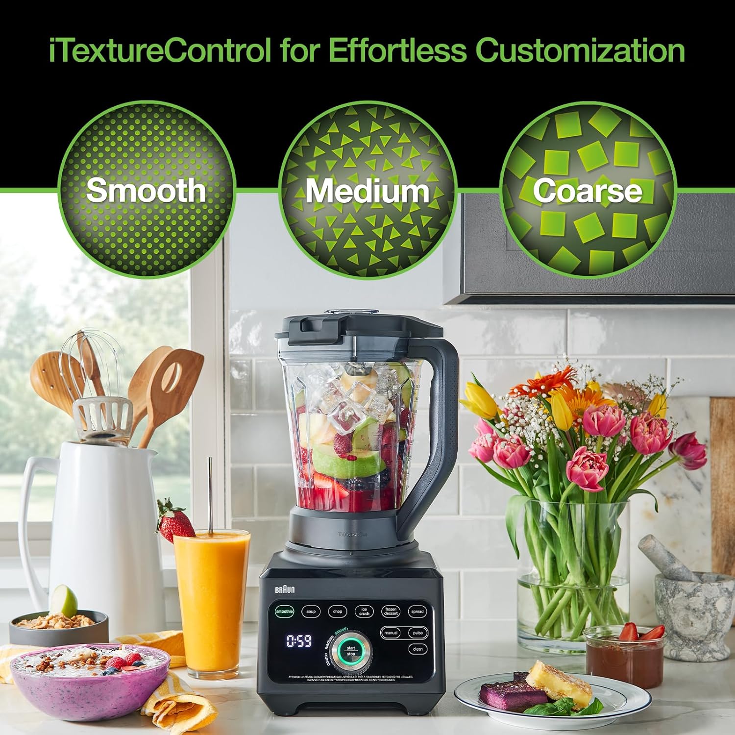 Braun TriForce Power Blender - Powerful 1600 Watt Countertop Blender with 10 Manual Speeds, 3 Texture & 6 Food Settings, Stainless Steel Blades, Auto-Clean, Heated Blending Function for Soups