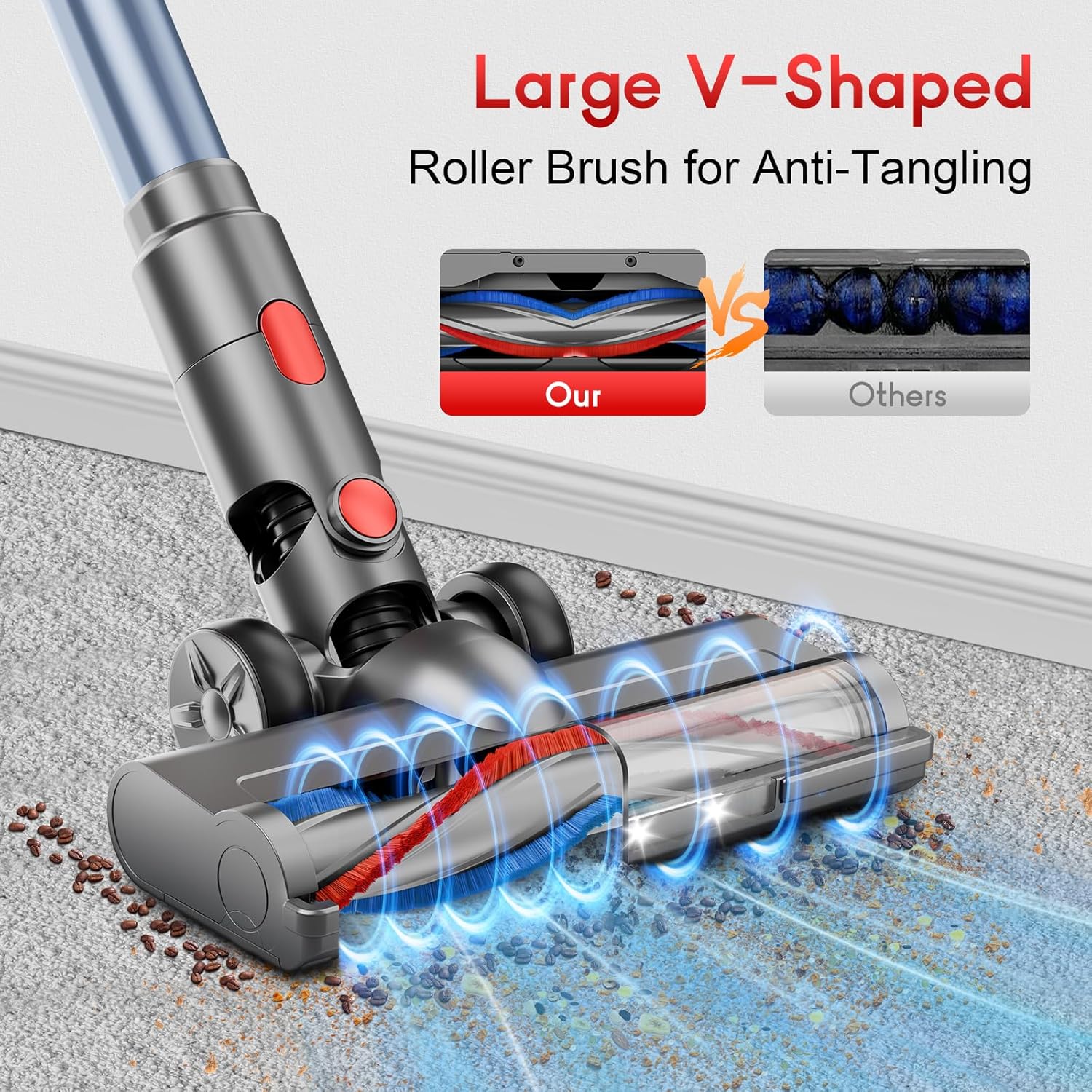 Cordless Stick Vacuum Cleaner - Rechargeable, 35Kpa Powerful Vacuums with Detachable Battery, LED Display, 45Mins Runtime, 8 in 1 Handheld Vacuum for Hardfloor & Carpets Pet Hair, Red