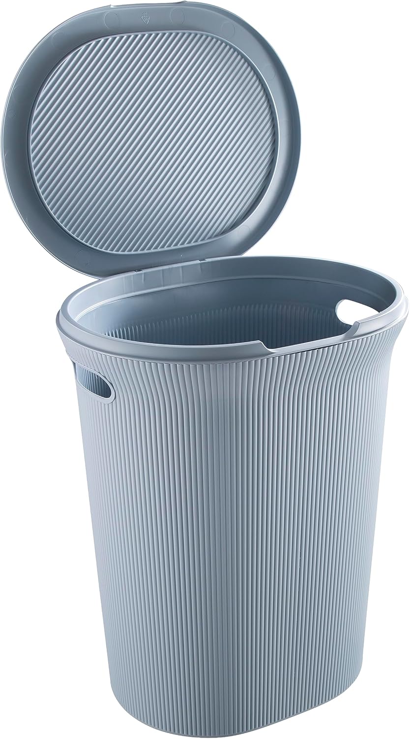 Superio Ribbed Collection - Decorative Plastic Laundry Hamper with Lid and Cut-Out Handles, Blue (1 Pack) Basket Organzier for Bedroom Bathroom College Dorm Room 40 Liter