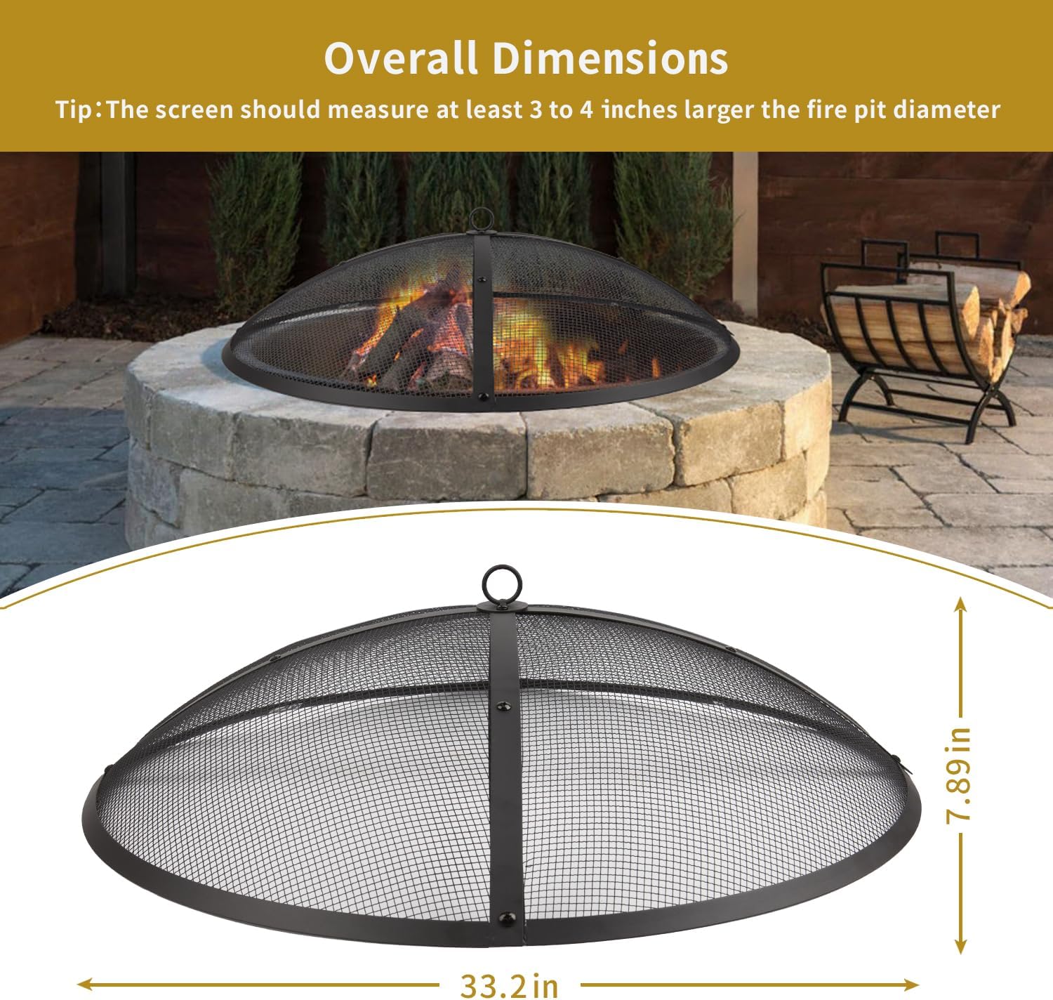 32Inch Heavy Duty Steel Fire Pit Spark Screen Cover,Outdoor Round Patio Mesh FirePit Screens Guard,Domed Fire Pit Ember Lid with Handle