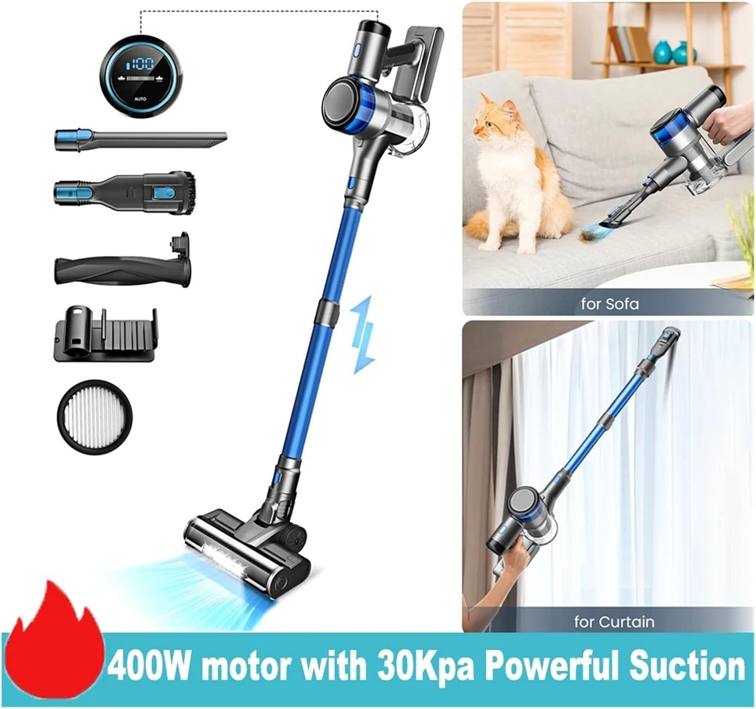 Compatible with INSE,S9X Cordless Vacuum Cleaner,400W 45Kpa Suction 55min Runtime Stick Vacuum for Hardwood Floor/Carpet Home Cleaning(S9X Blue)