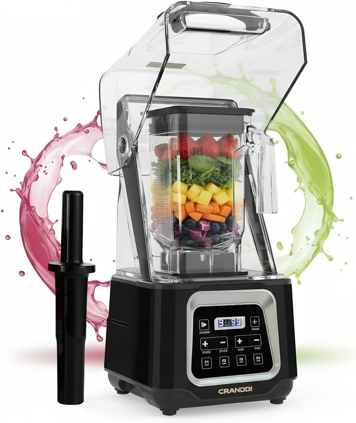 CRANDDI Smart Commercial Blender with Digital Touch Screen and Removable Cover, Quiet Shield 52oz 2200W with 4 Preset Programs of Juice, Smoothies, Frozen Drinks & More, K80TS, Black