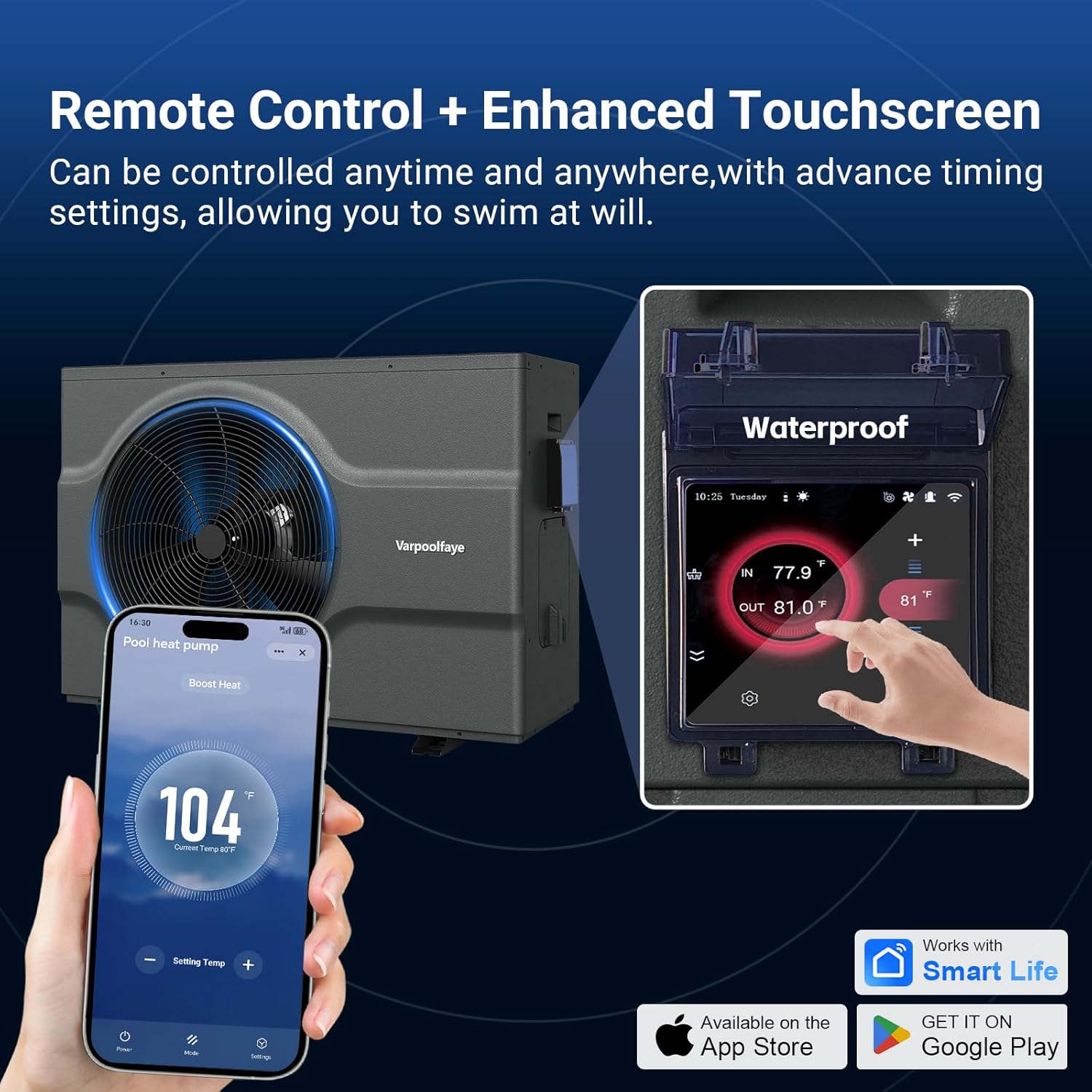 Inverter 88000 BTU Electric Pool Heat Pump for Inground Pool Heater Above Ground 220V 24000 Gallon Heating or Cooling WiFi Control Schedule