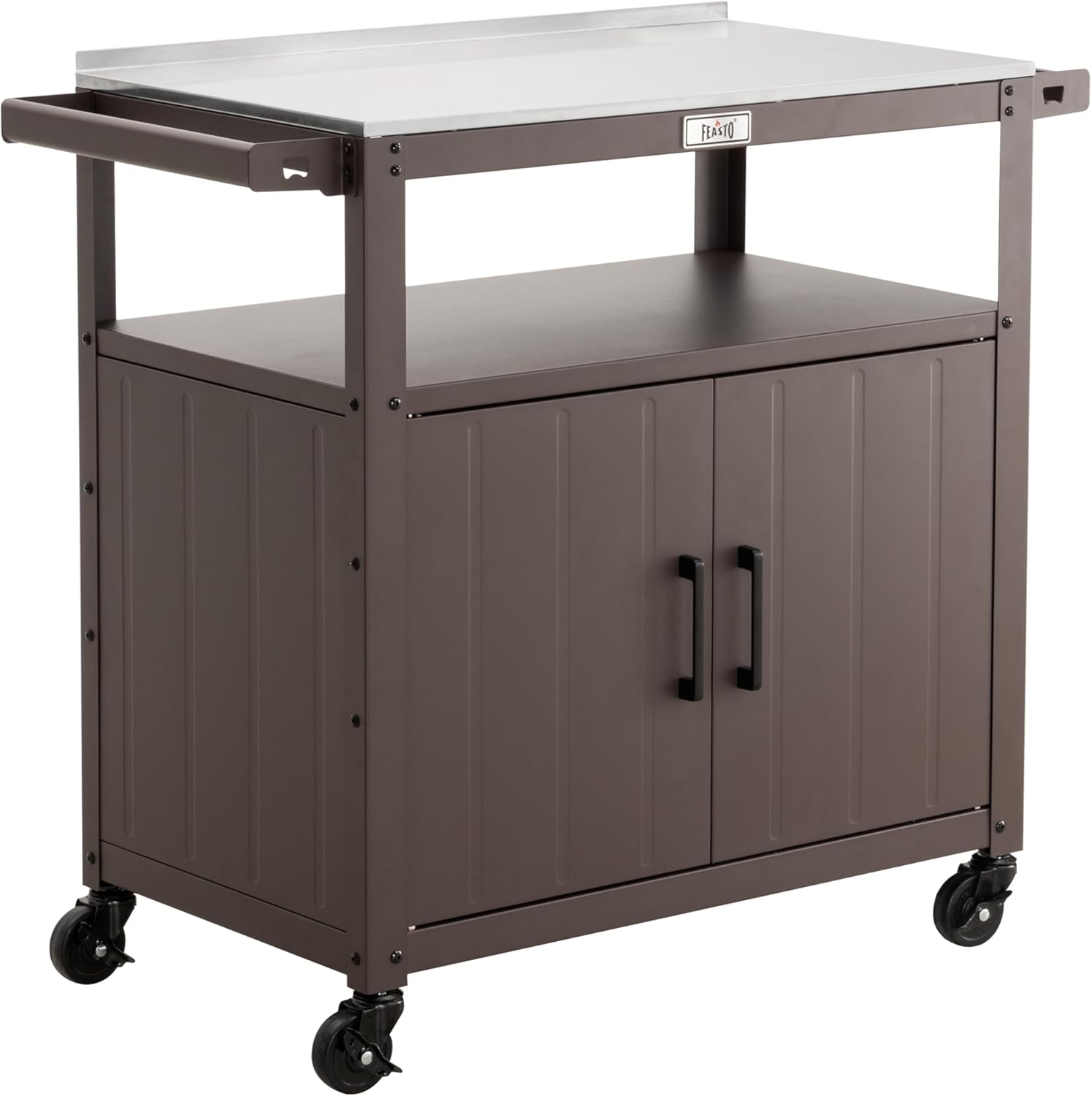 Outdoor Grill Cart with Stainless Steel Tabletop and Storage Cabinet, Movable Kitchen Island with Wheels for BBQ Food Prep, Brown