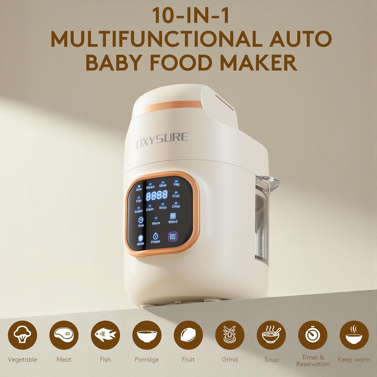 10 IN 1 Baby Food Maker, Glass Baby Food Mills, Baby Food Blender for Baby Puree, Fruit, Meat, Vegatable, Easy Cleaning, Touch Screen Control, Cook at Home 10oz (White)