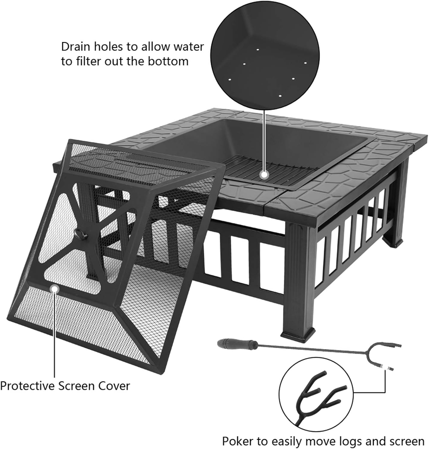 32 Inch Square Outdoor Iron Fire Pit, Wood Burning Fireplace for Patio Backyard Poolside Garden w/Spark Screen Cover, Log Grate, Poker