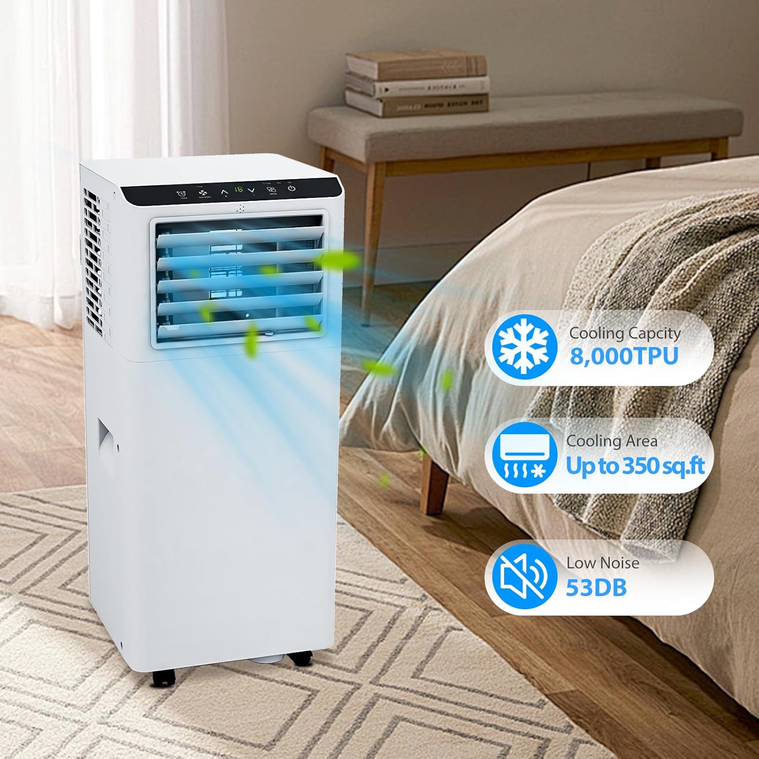 8000 BTU Portable Air Conditioner, 350 Sq.Ft. Coverage, 3-in-1 AC Unit with Fan and Dehumidifier, 50 dB Quiet, Sleep Mode, 24H Timer, Remote Control