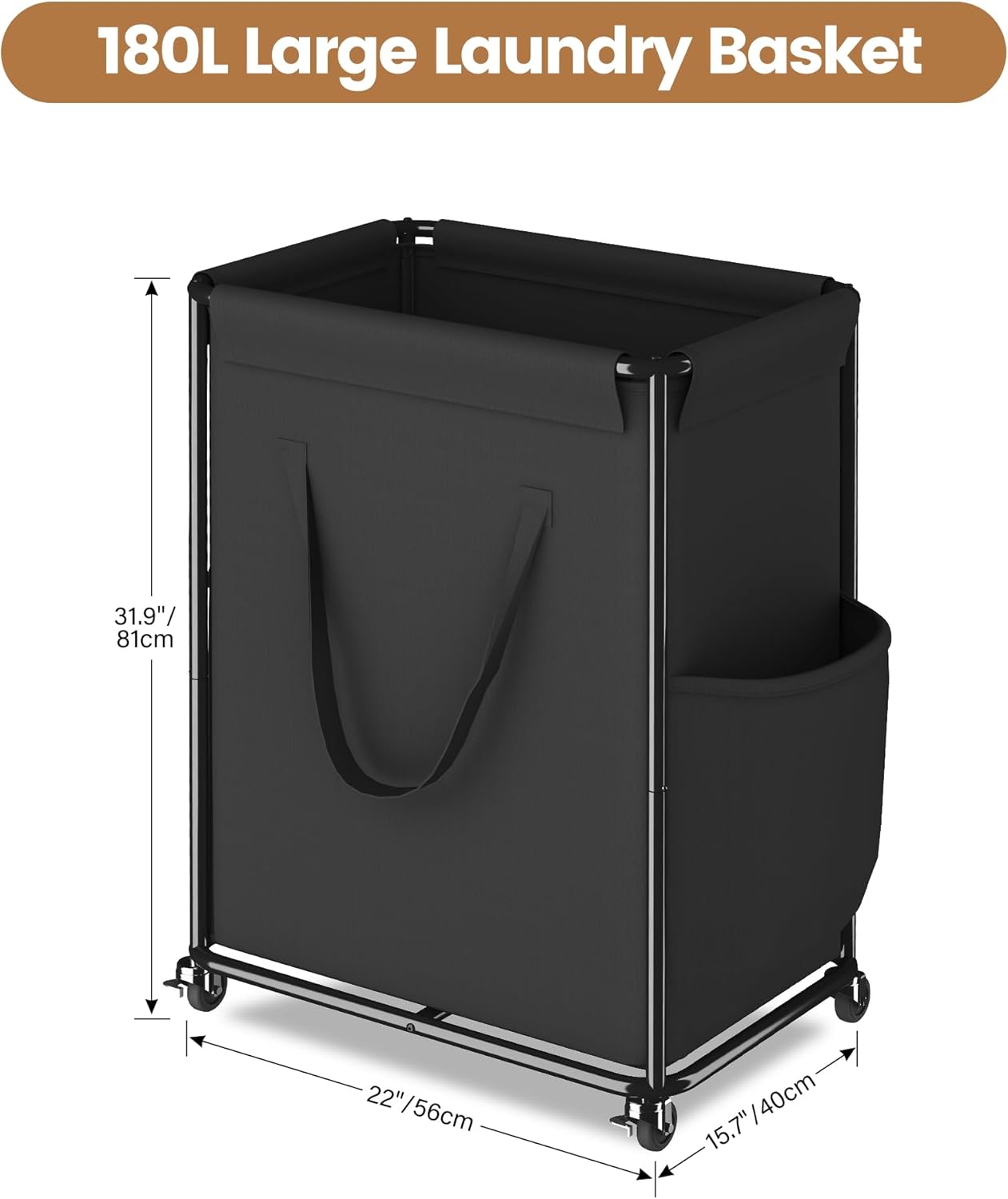 Homeiju 180L Large Laundry Hamper with Wheels, Rolling Laundry Basket with Metal Frame and Removable Bag Design, Dirty Clothes Laundry Cart for Bathroom, Dorm Room, Laundry Room, Black