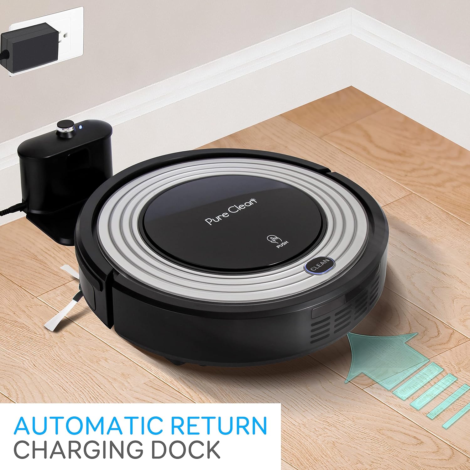 Automatic Programmable Robot Vacuum Cleaner - Robotic Auto Home Cleaning for Clean Carpet Hardwood Floor w/ Self Activation and Charge Dock - Pet Hair & Allergies Friendly - PureClean PUCRC96B.5