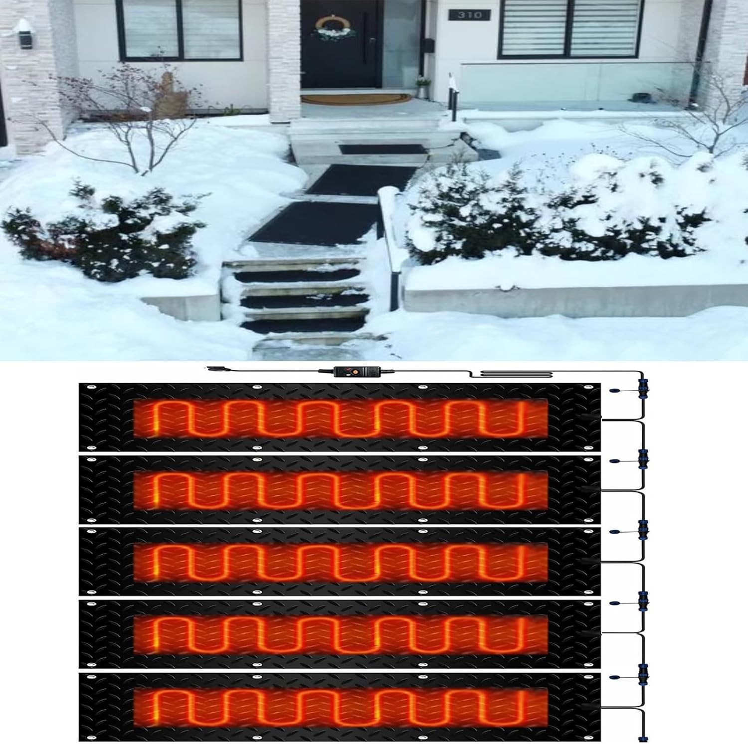 Heated snow melting mat, snow melting products, winter snow melting and ice melting mat 2 inches/hour melting speed, with power cord and connection line for winter outdoor(5 Pcs,30x150cm/12x60in)