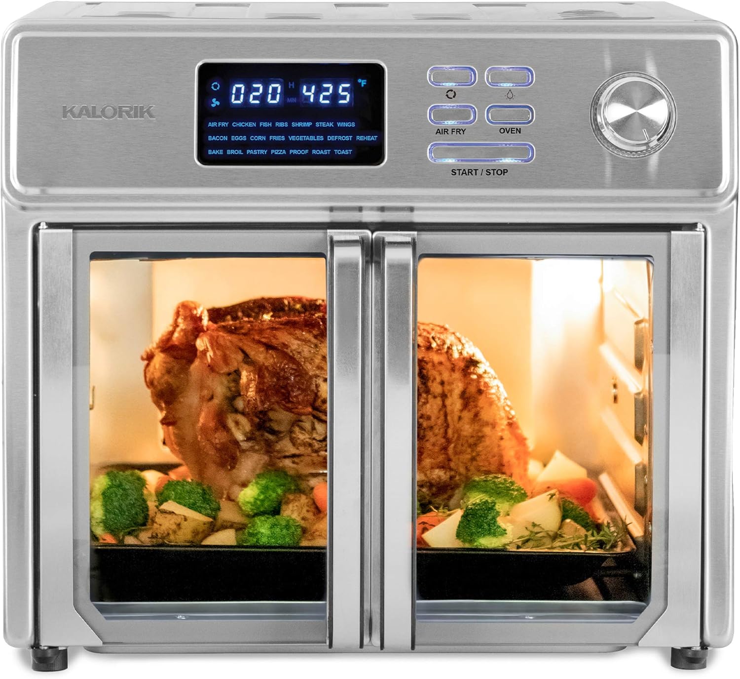 Kalorik 26 QT Digital Maxx Air Fryer Oven with 7 Accessories, Roaster, Broiler, Rotisserie, Dehydrator, Oven, Toaster, Pizza Oven and Slow Cooker. Includes Cookbook. Sears up to 500⁰F. Extra Large Capacity, All in One Appliance. Stainless Steel. AFO
