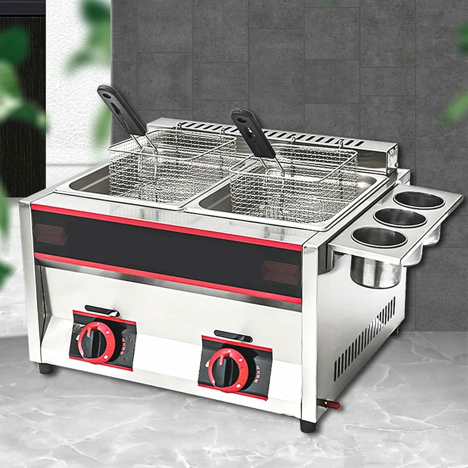 Gas -Capacity Gas Fryer, Commercial Fryer For Domestic Use With Adjustable, Independent Fire Power, With Removable Baskets And Lid ~/