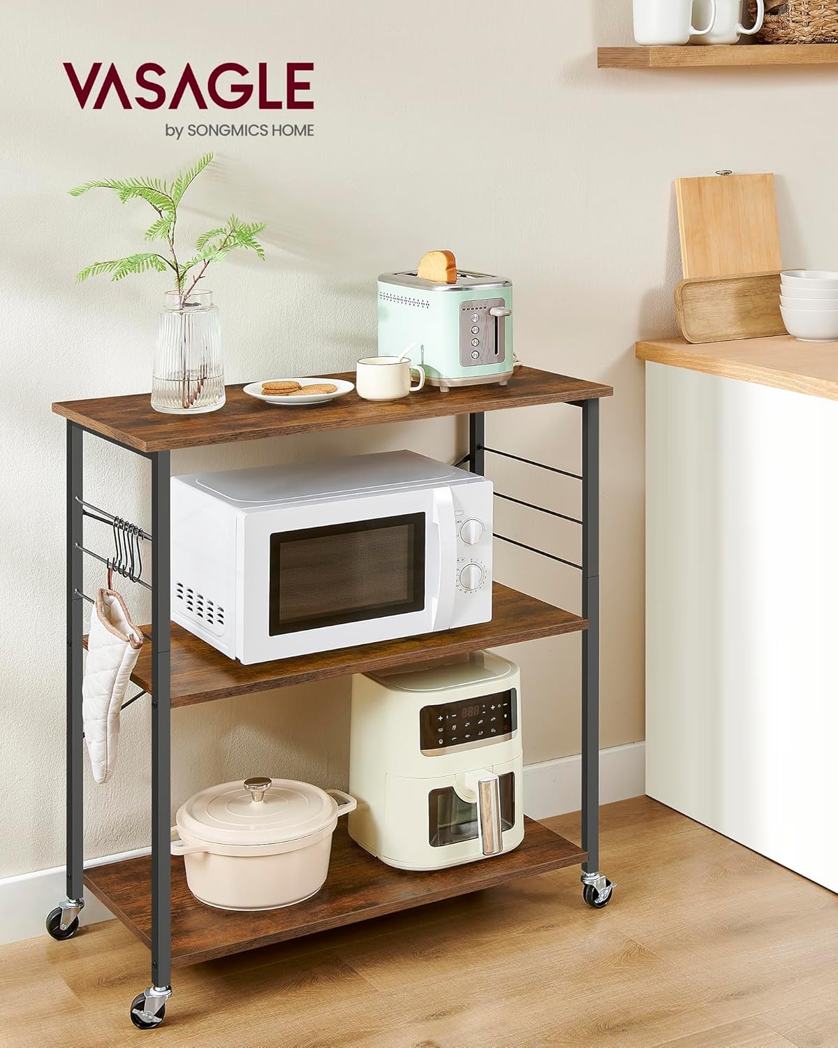 VASAGLE Kitchen Shelf on Wheels, 31.5 Inches Serving Cart with 3 Shelves, Kitchen Cart, Microwave Shelf, for Mini Oven, Toaster, with 6 Hooks, Industrial Style, Rustic Brown and Ink Black UKKS067K01