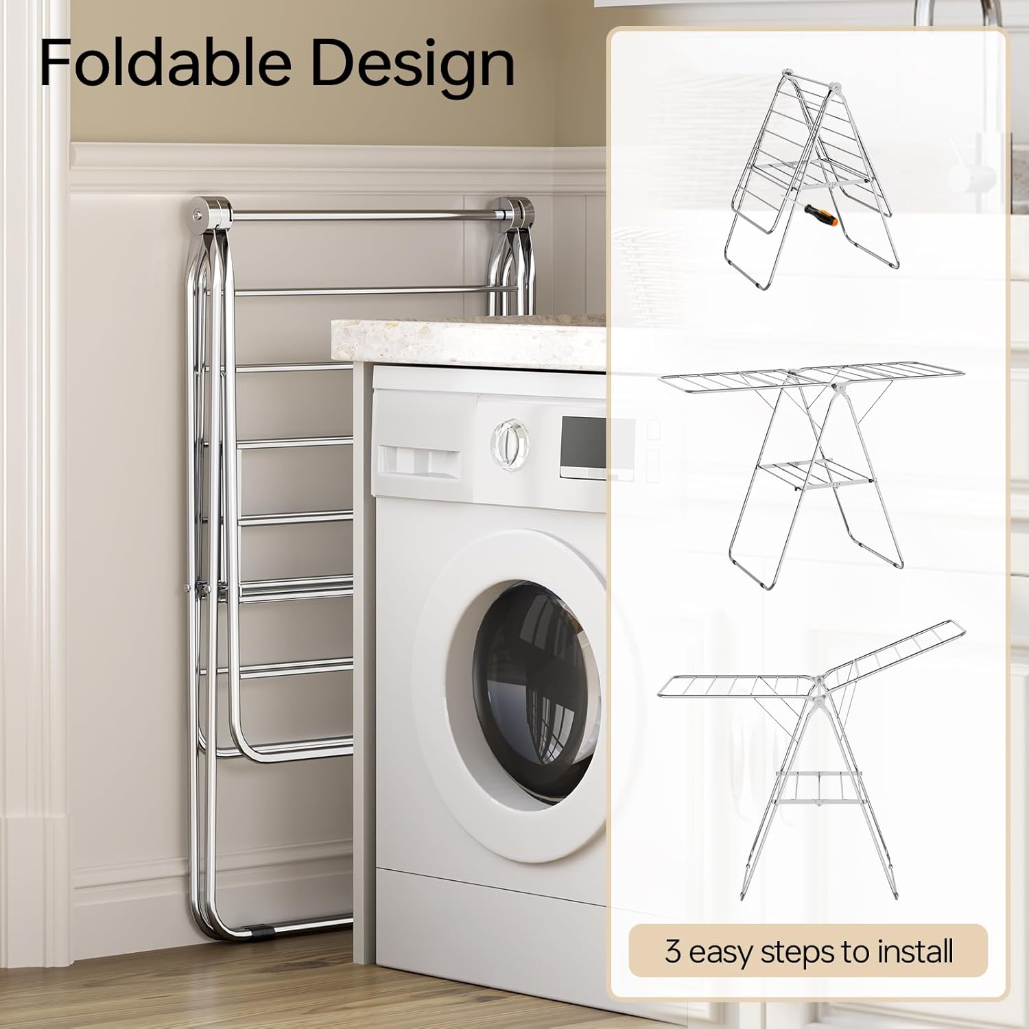 APEXCHASER Clothes Drying Rack Folding - Stainless Steel Drying Rack Clothing Height-Adjustable, Foldable Laundry Rack, Space-Saving, Collapsible for Indoor Outdoor Use for Clothe, Towels, Chrome