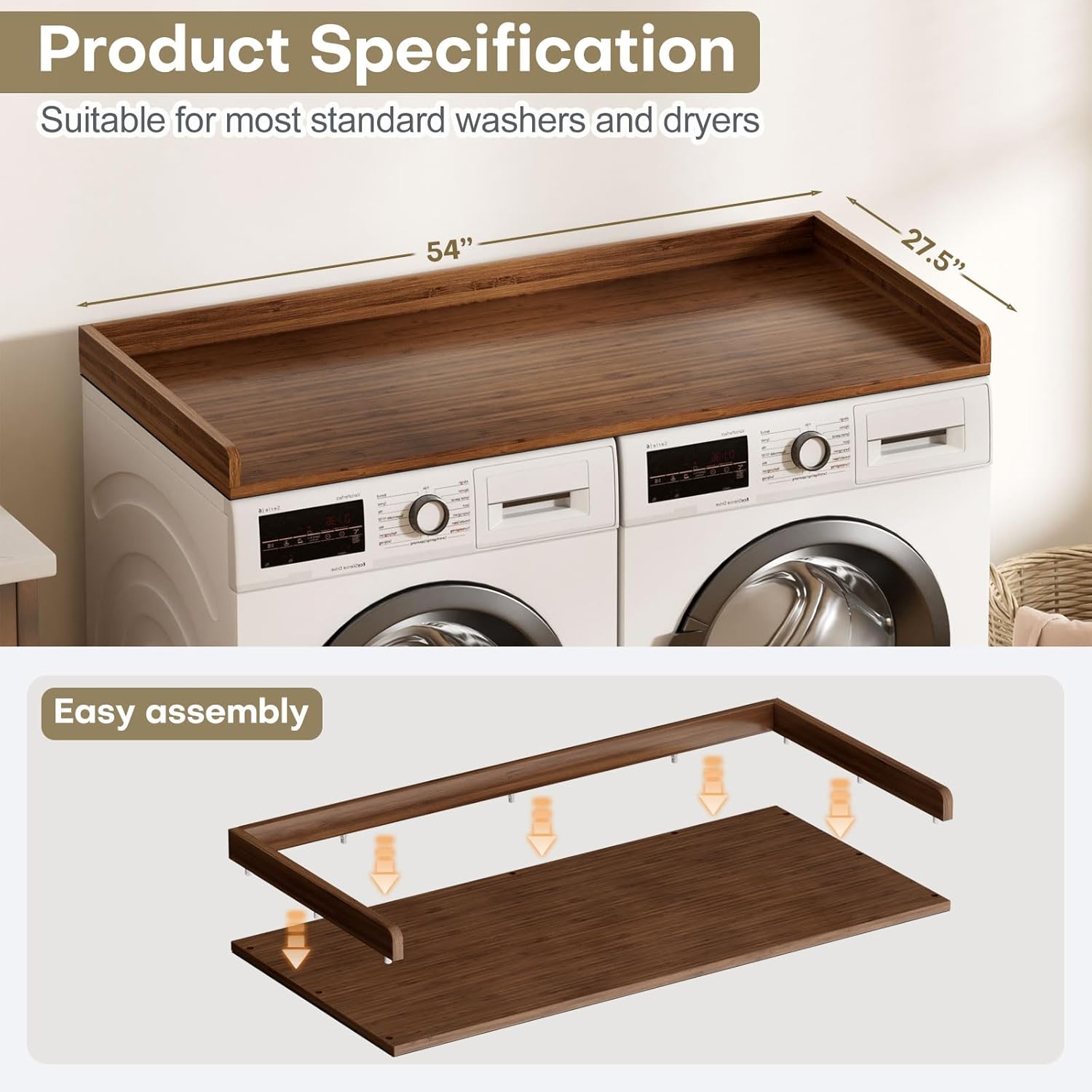 Washer Dryer Countertop, Laundry Topper with Edge Rails, 54