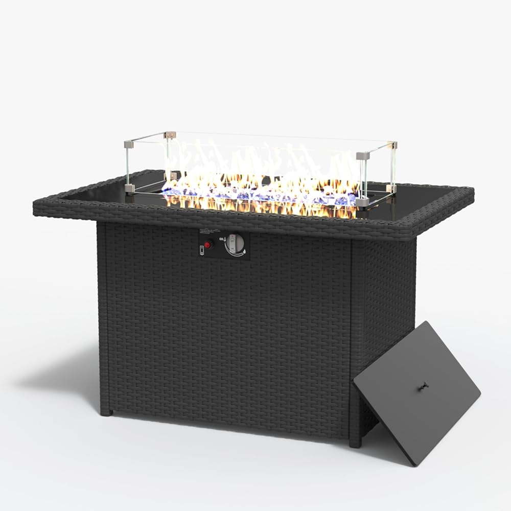 Rectangular Fire Pit Table, 44 inch Propane Gas Fire Pit with Glass Rocks, Wind Guard Glass Shield, Waterproof Cover for Outside Patio Backyard Deck Balcony
