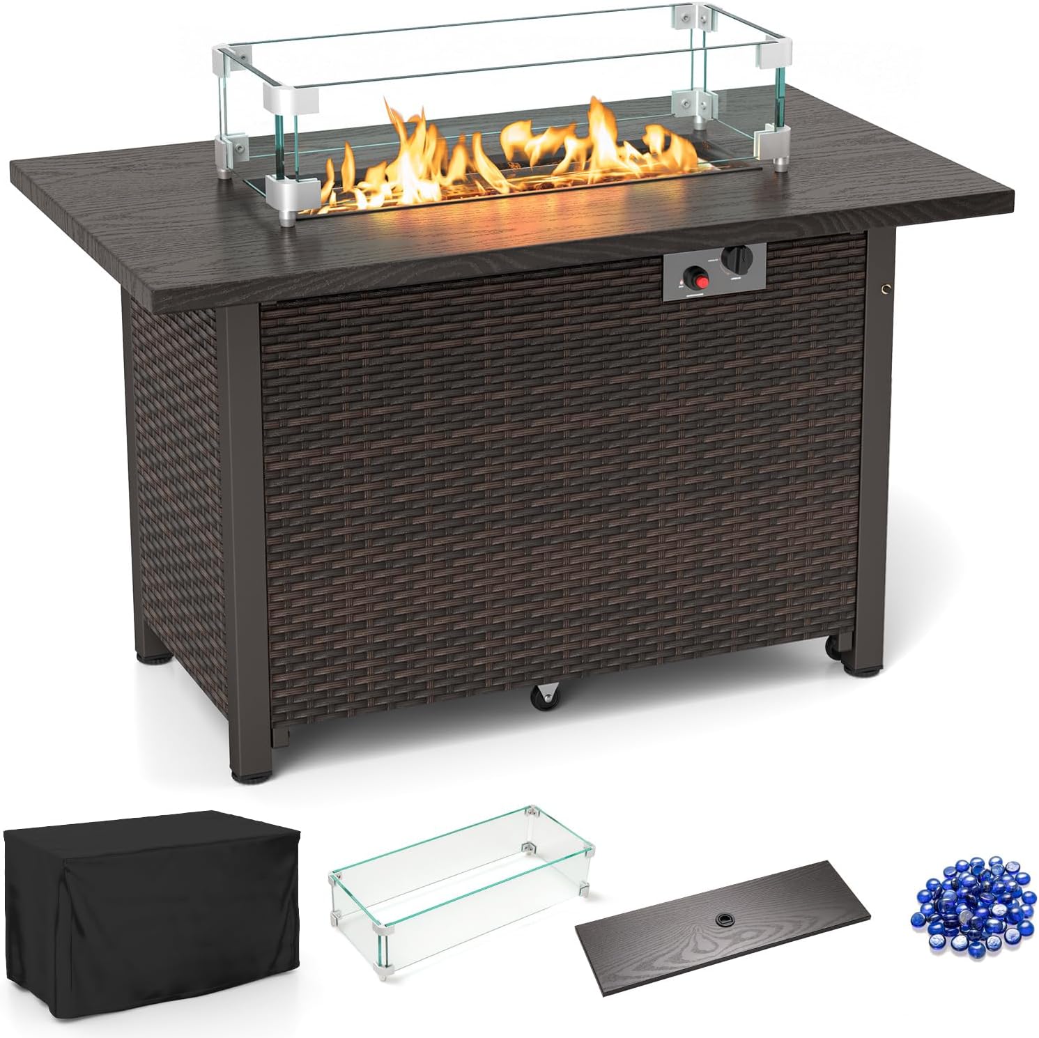 Tangkula Outdoor Propane Fire Pit Table, 42 Inch Rectangular Rattan Fire Table with Wind Guard & Glass Rocks, 50,000 BTU Smokeless Gas Fire Pit for Outside Patio (Brown)