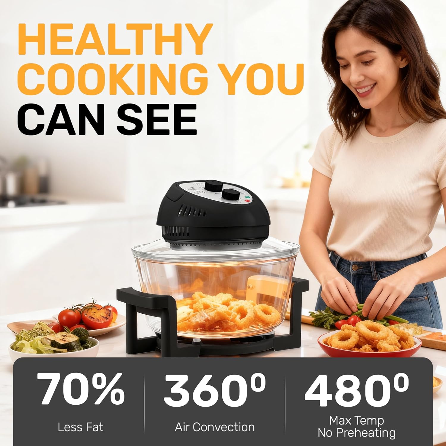 Big Boss 16Qt Extra Large Glass Air Fryer Non Toxic – Family Sized 4 in 1 Cooker with 3 Cooking Sections, Stainless Steel Racks for French Fries, Chicken, No Preheat, Self Cleaning, Dishwasher Safe