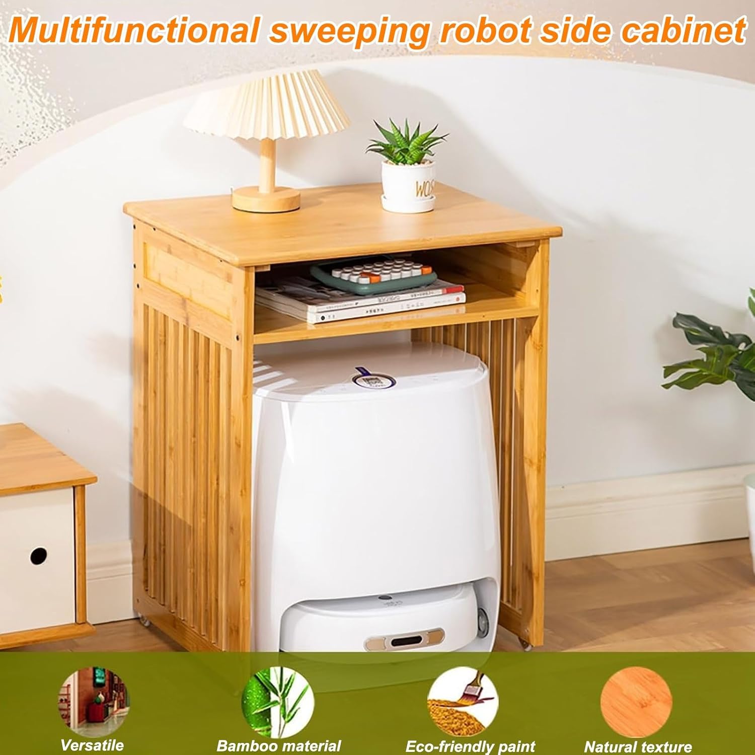 Robot Vacuum Stand Cabinet, Sweeping Robot Storage Rack, Vacuum Hidden Storage Cabinet, Robot Vacuums Stand with Wheels, Household End Side Table(Natural,21.8x18.3x29.5'')