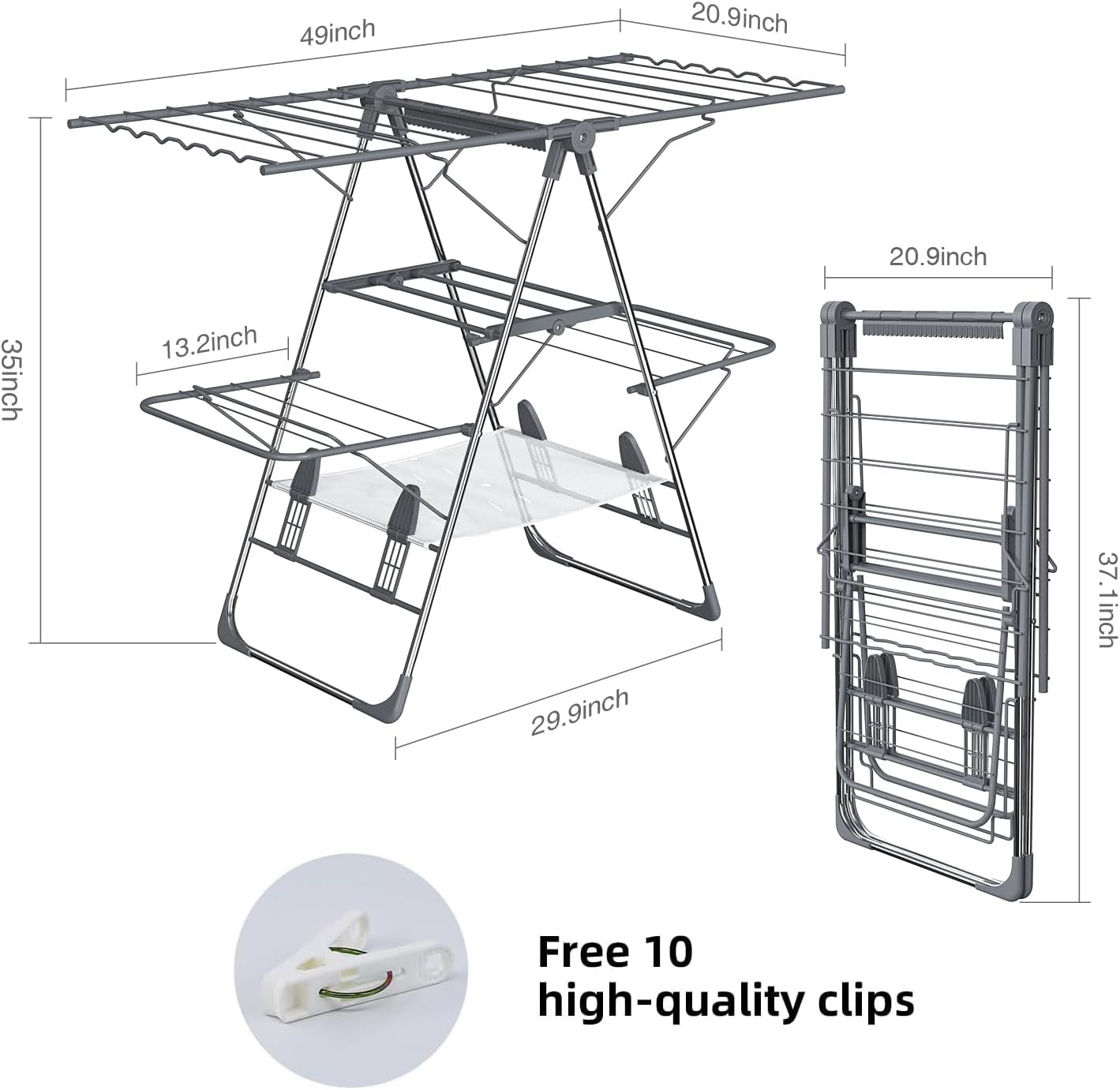 Clothes Drying Rack, Foldable 2-Level Laundry Drying Rack for Clothes,Stainless Steel Drying Rack Clothing Collapsible for Indoor Outdoor,with Height-Adjustable Wings