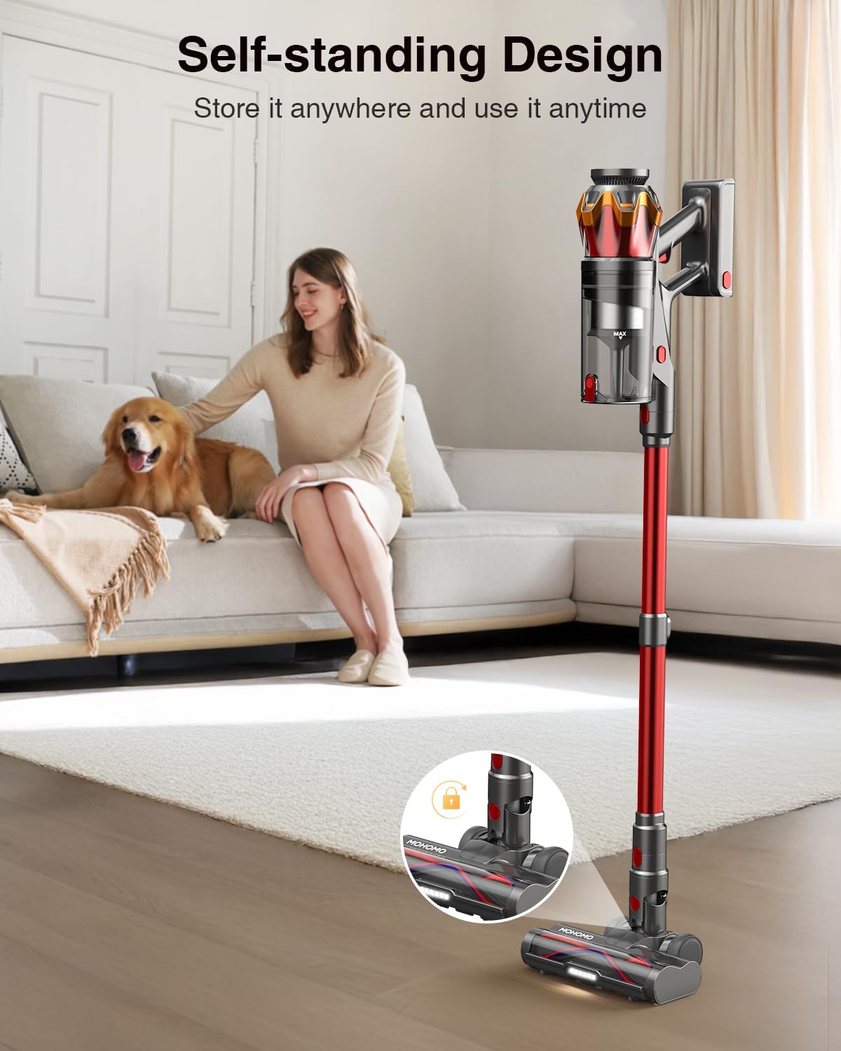 Cordless Vacuum Cleaner, 650W 55KPa 70Mins Vacuum Cleaners for Home, Self-Standing Stick Vacuum with Anti-Tangle Brush & OLED Touch Screen, Vacuum Cleaner for Hardwood Floors,Carpet,Pet Hair,Car (Red)