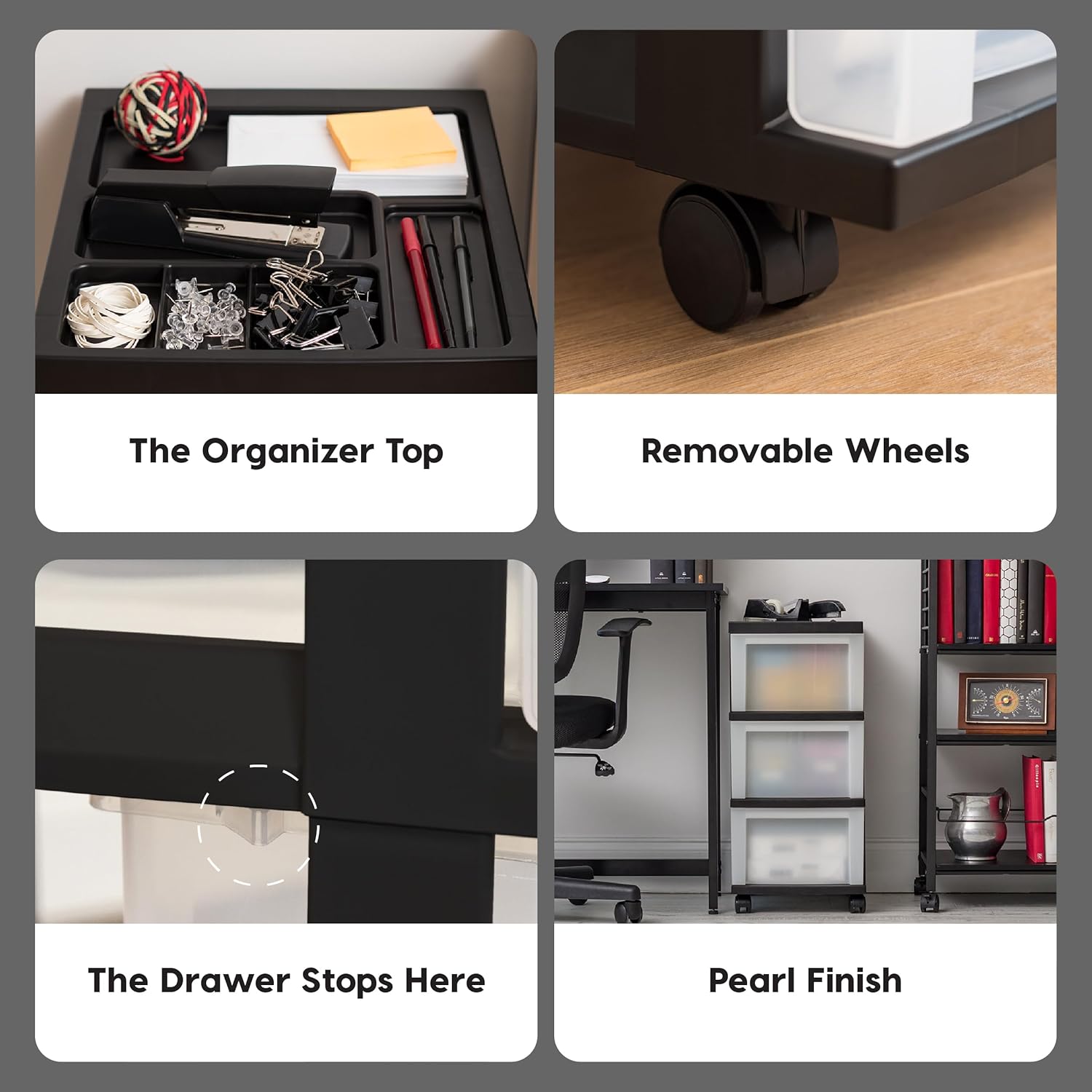 IRIS USA Plastic Drawer Storage Organizer Rolling Cart, with Wheels Casters, 3-Drawers, for Classroom Art Craft Supplies Dresser Closet Bathroom Laundry Room, Black/Pearl